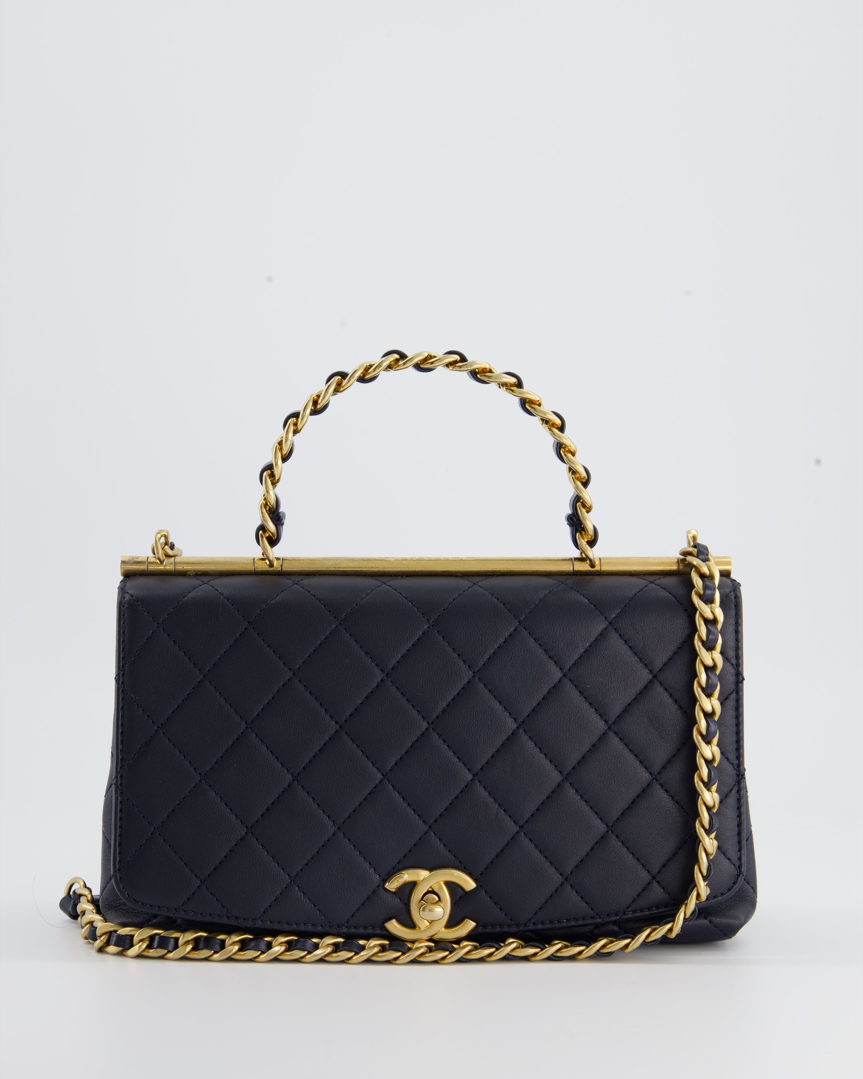Chanel Navy Top Handle Bag in Lambskin with Brushed Gold Hardware