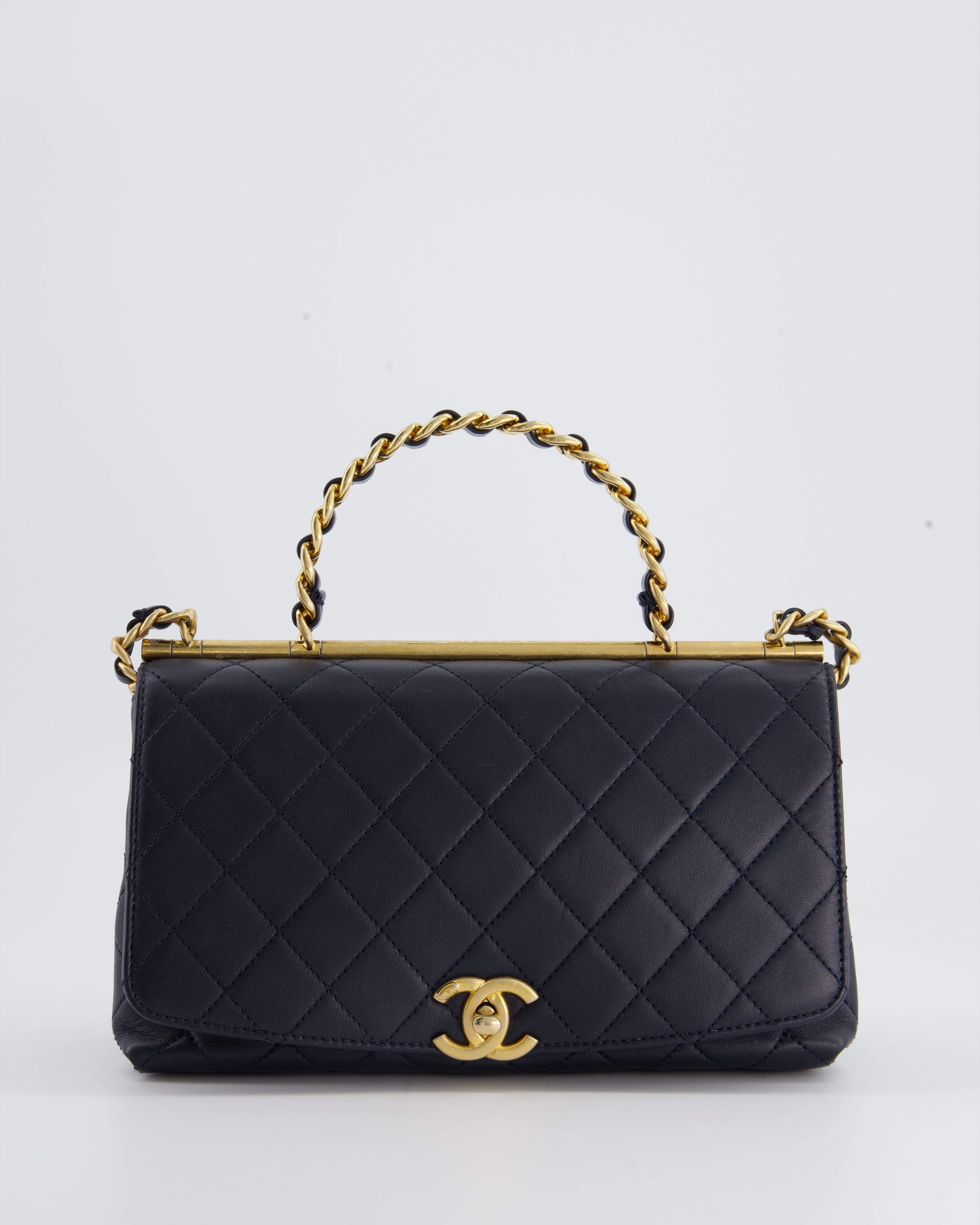 Chanel Navy Top Handle Bag in Lambskin with Brushed Gold Hardware