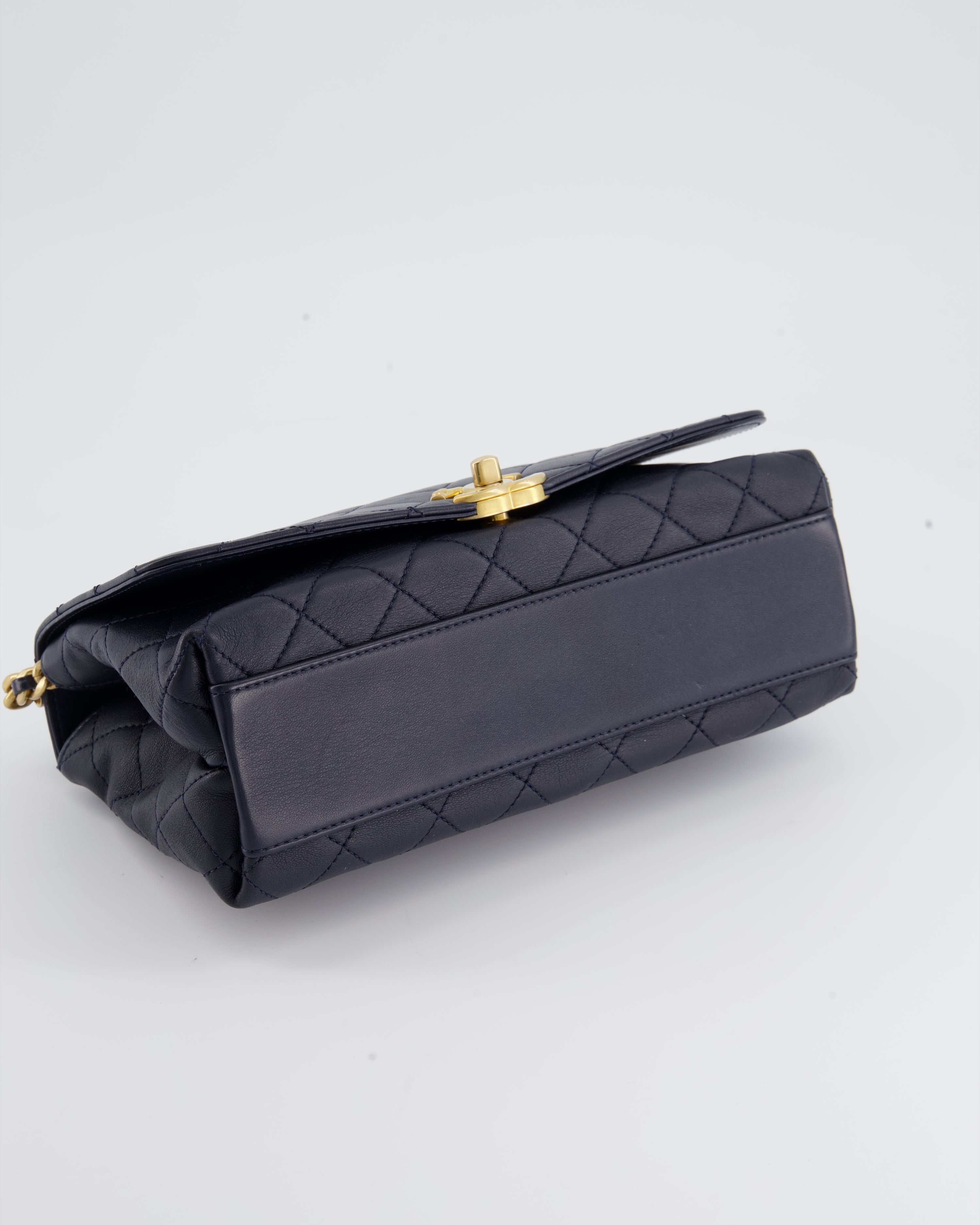 Chanel Navy Top Handle Bag in Lambskin with Brushed Gold Hardware