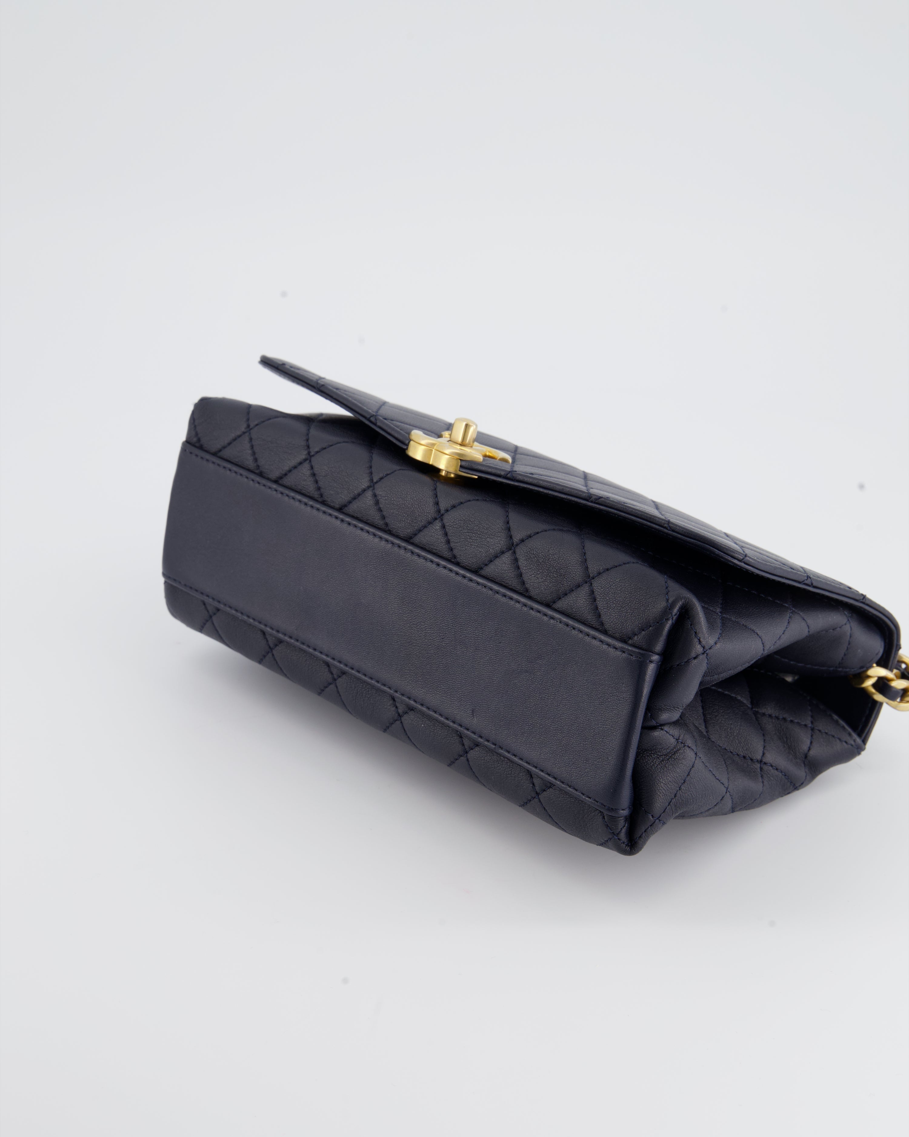 Chanel Navy Top Handle Bag in Lambskin with Brushed Gold Hardware