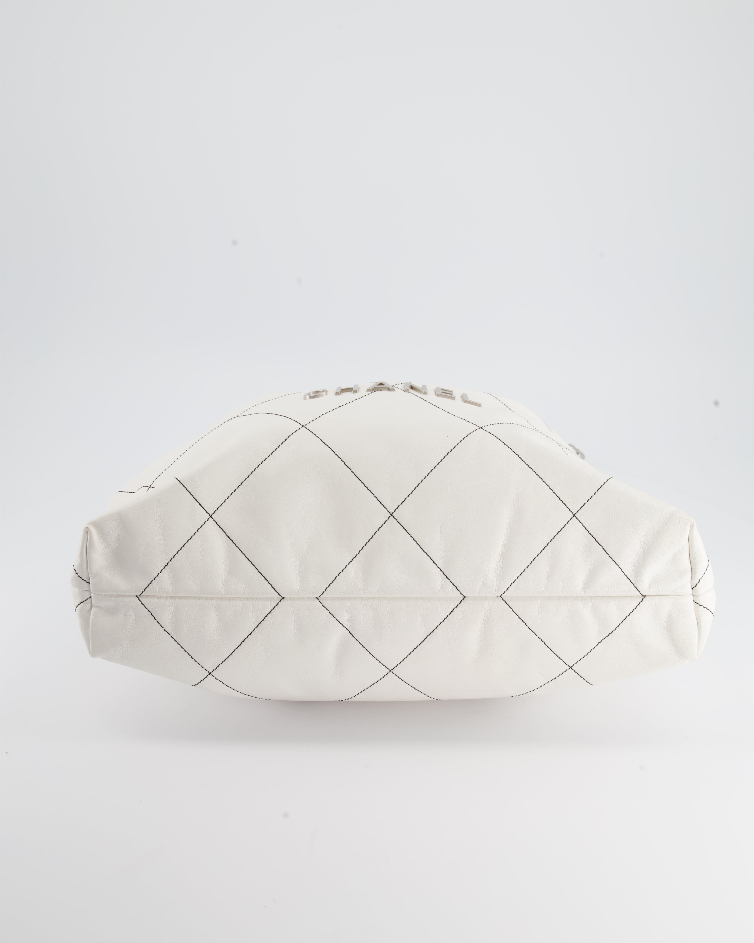 Chanel 22 Bag in White Aged Calfskin with Silver Hardware and Contrast Stitch Detail