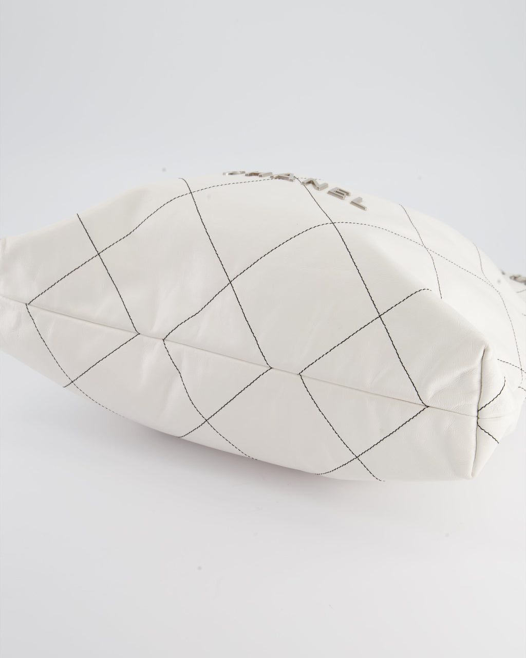 Chanel 22 Bag in White Aged Calfskin with Silver Hardware and Contrast Stitch Detail