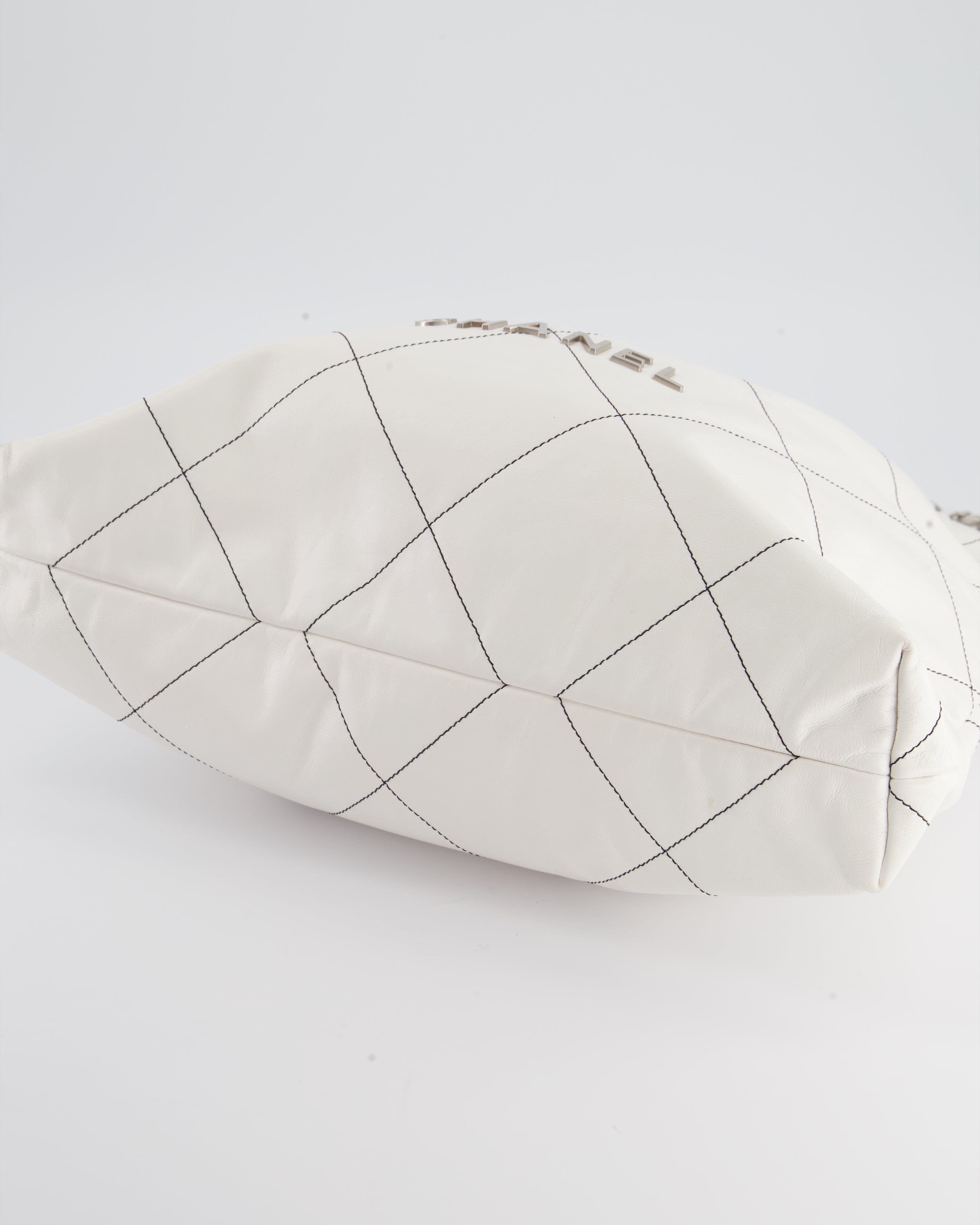 Chanel 22 Bag in White Aged Calfskin with Silver Hardware and Contrast Stitch Detail
