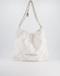 Chanel 22 Bag in White Aged Calfskin with Silver Hardware and Contrast Stitch Detail
