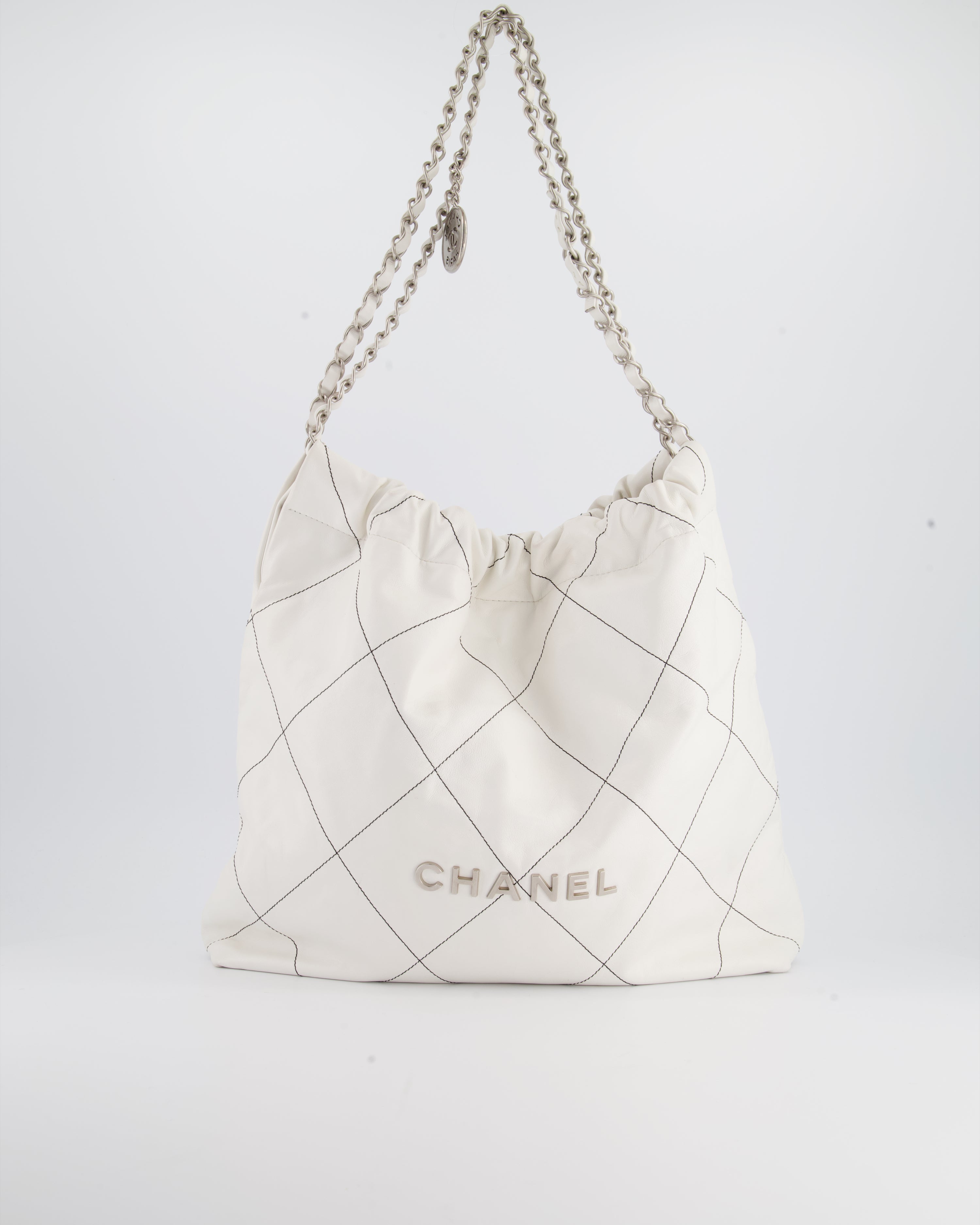 Chanel 22 Bag in White Aged Calfskin with Silver Hardware and Contrast Stitch Detail