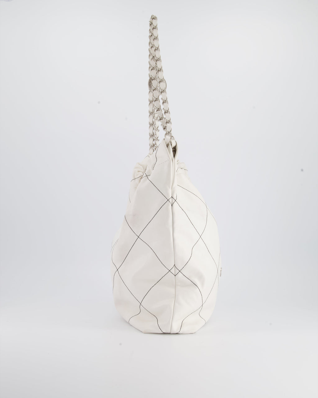 Chanel 22 Bag in White Aged Calfskin with Silver Hardware and Contrast Stitch Detail