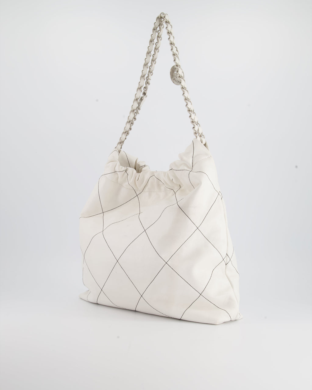 Chanel 22 Bag in White Aged Calfskin with Silver Hardware and Contrast Stitch Detail