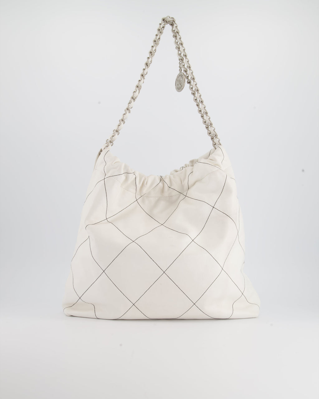 Chanel 22 Bag in White Aged Calfskin with Silver Hardware and Contrast Stitch Detail