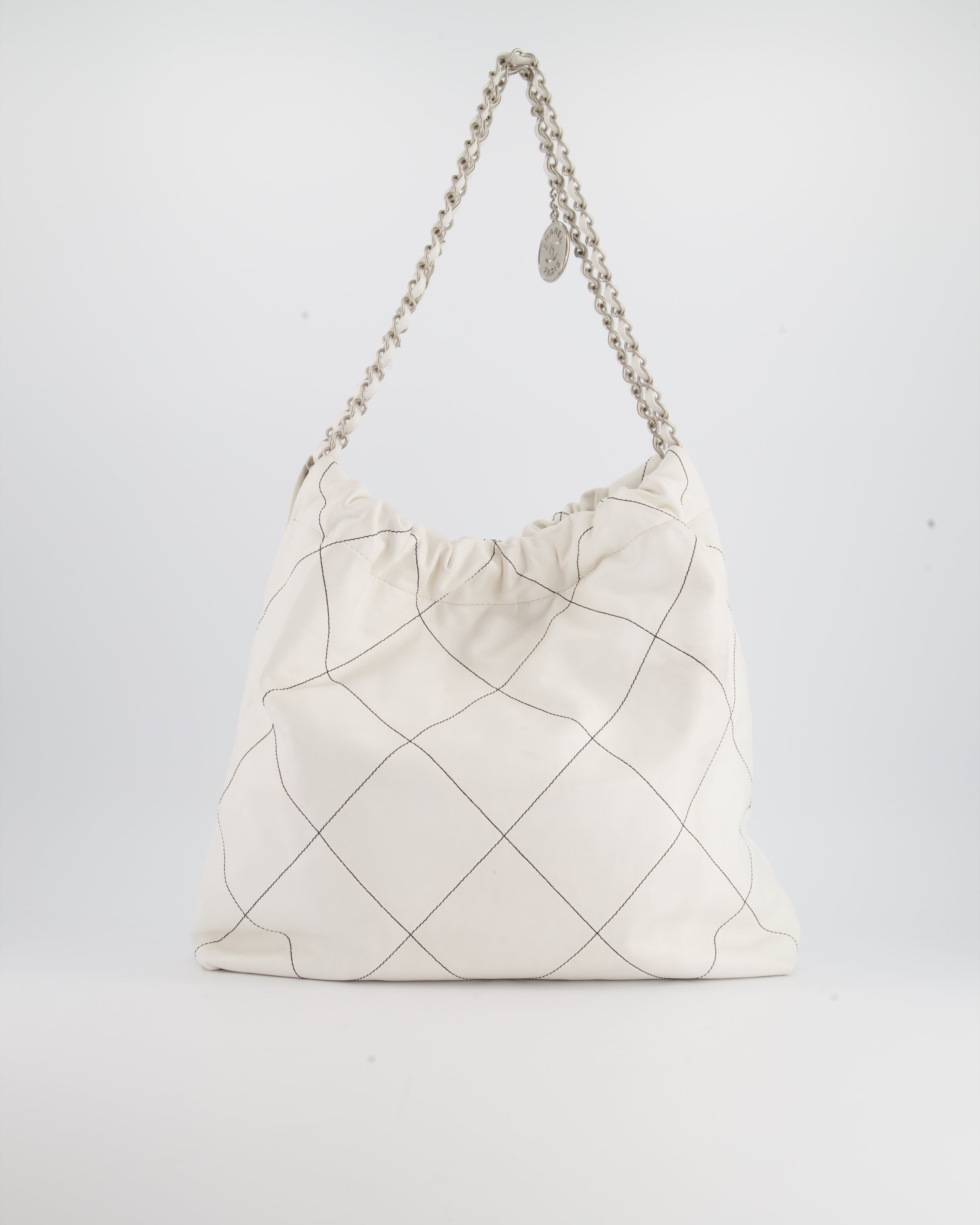 Chanel 22 Bag in White Aged Calfskin with Silver Hardware and Contrast Stitch Detail