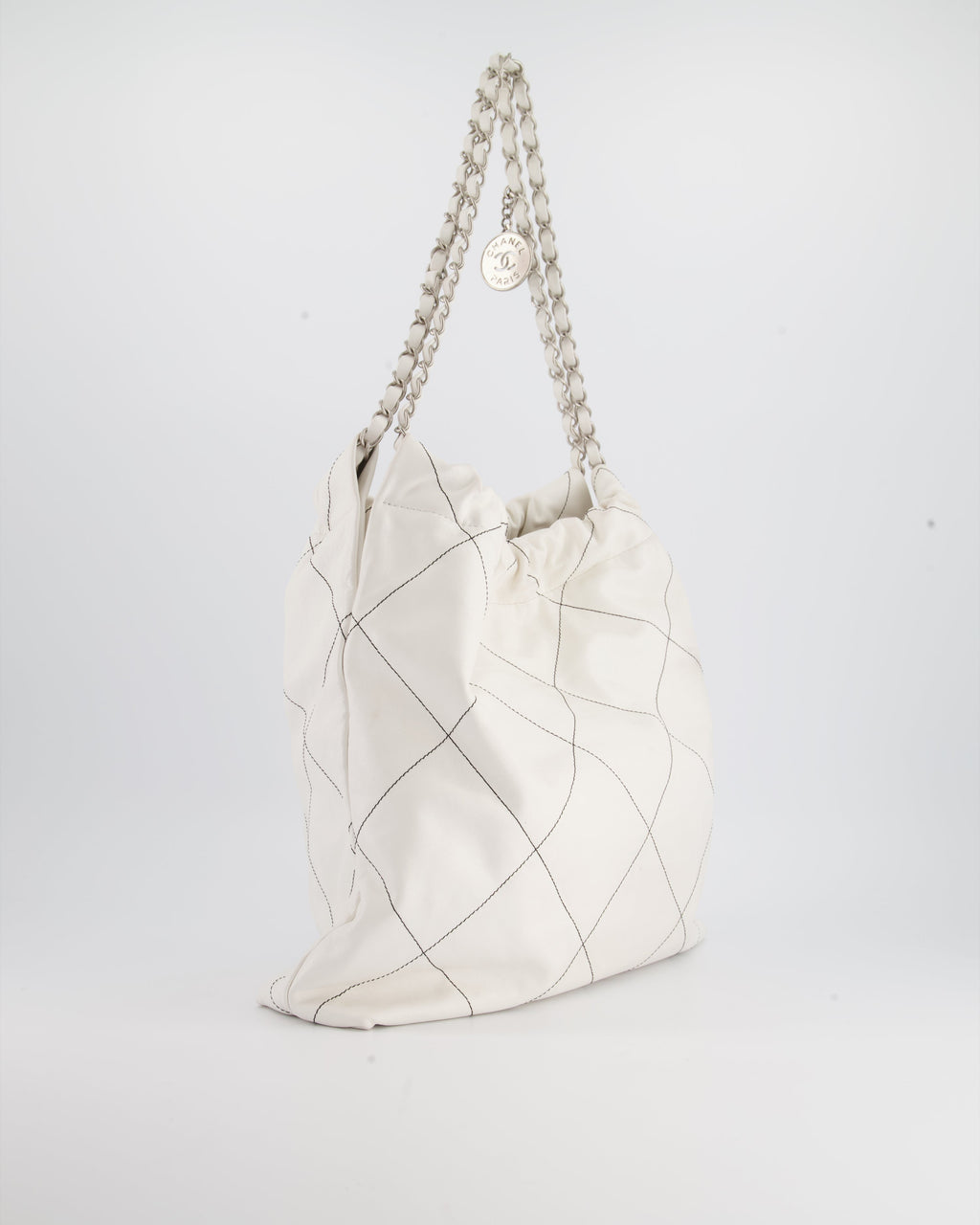 Chanel 22 Bag in White Aged Calfskin with Silver Hardware and Contrast Stitch Detail