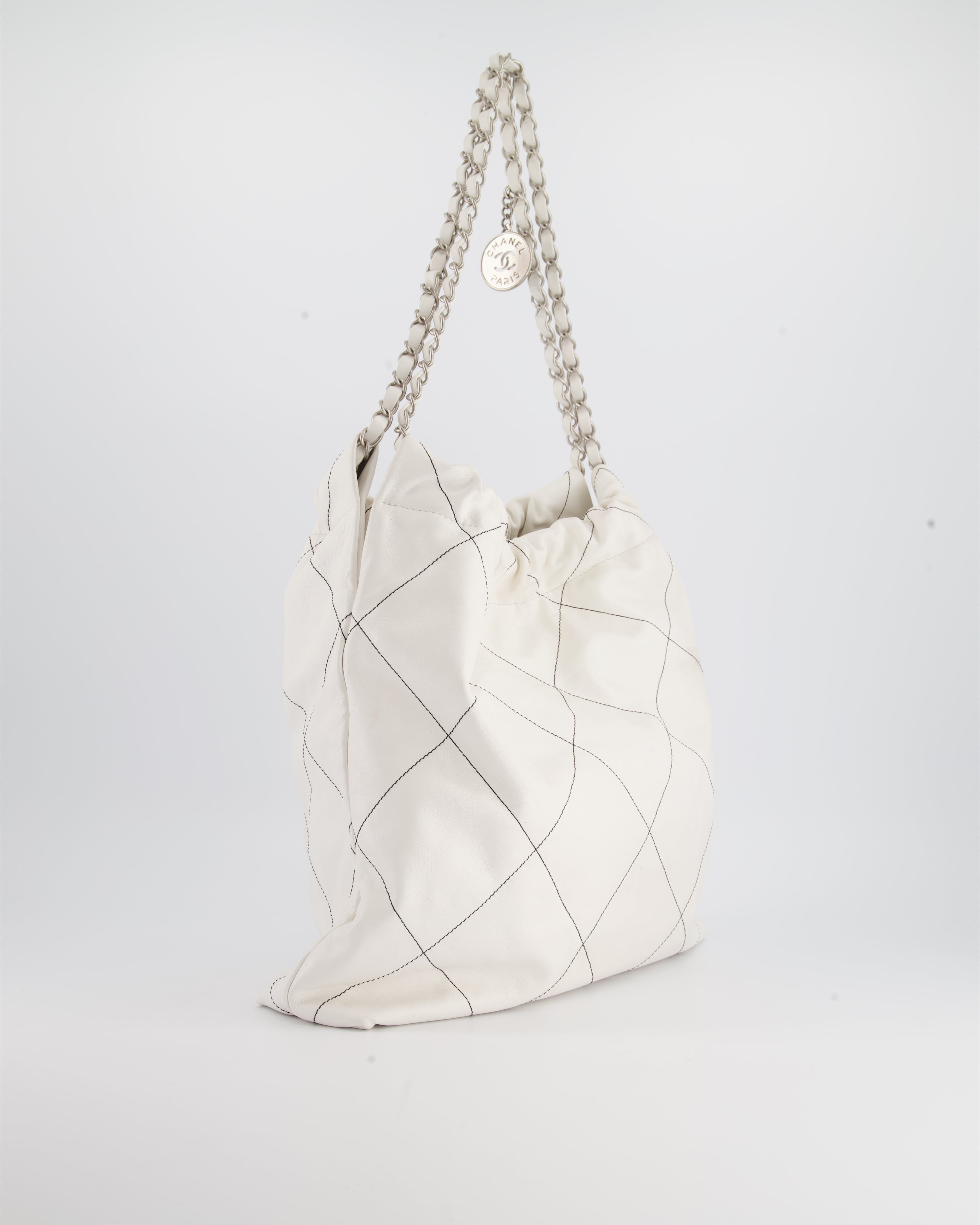 Chanel 22 Bag in White Aged Calfskin with Silver Hardware and Contrast Stitch Detail
