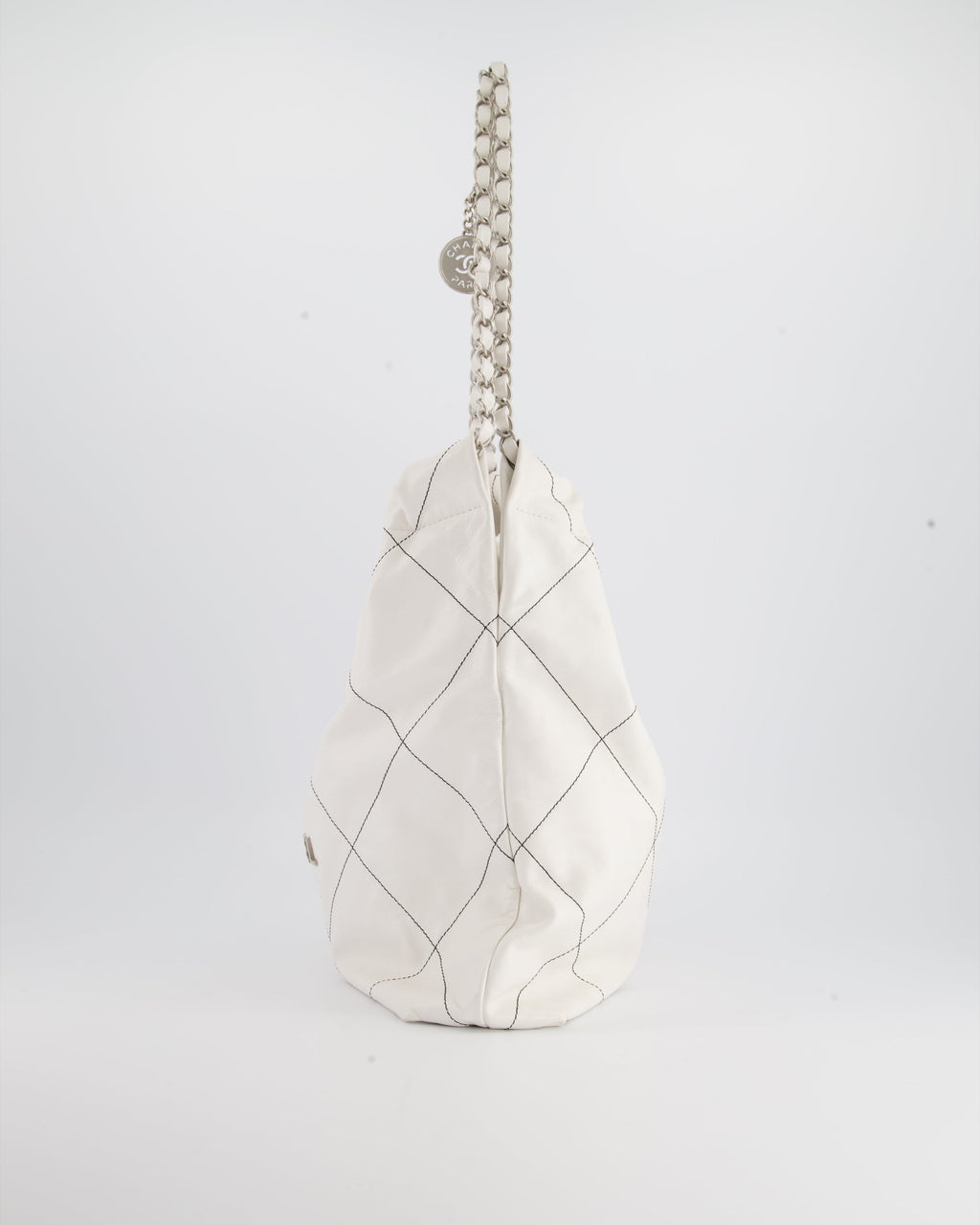 Chanel 22 Bag in White Aged Calfskin with Silver Hardware and Contrast Stitch Detail