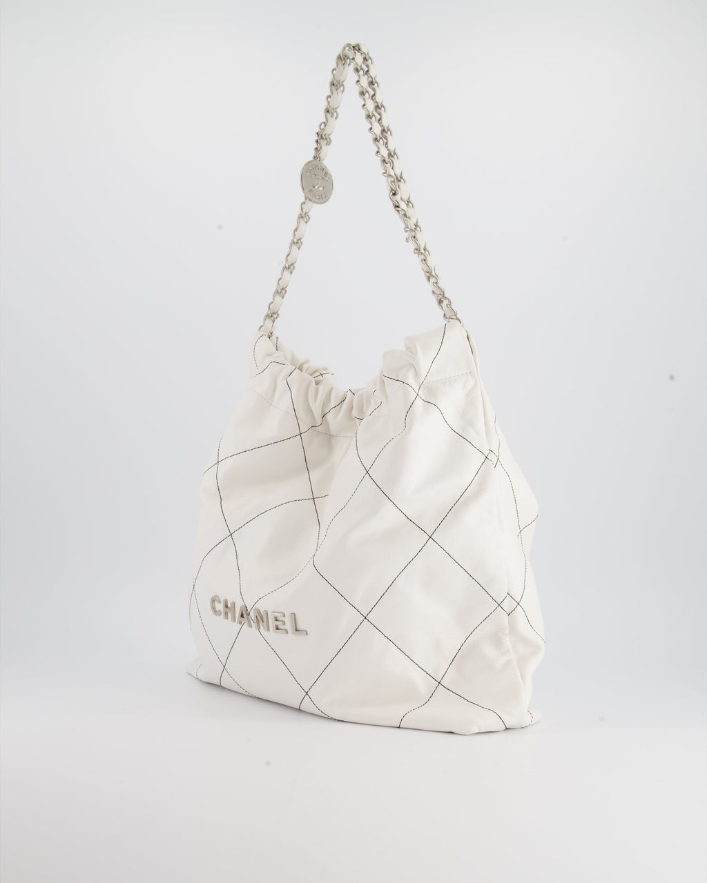 Chanel 22 Bag in White Aged Calfskin with Silver Hardware and Contrast Stitch Detail