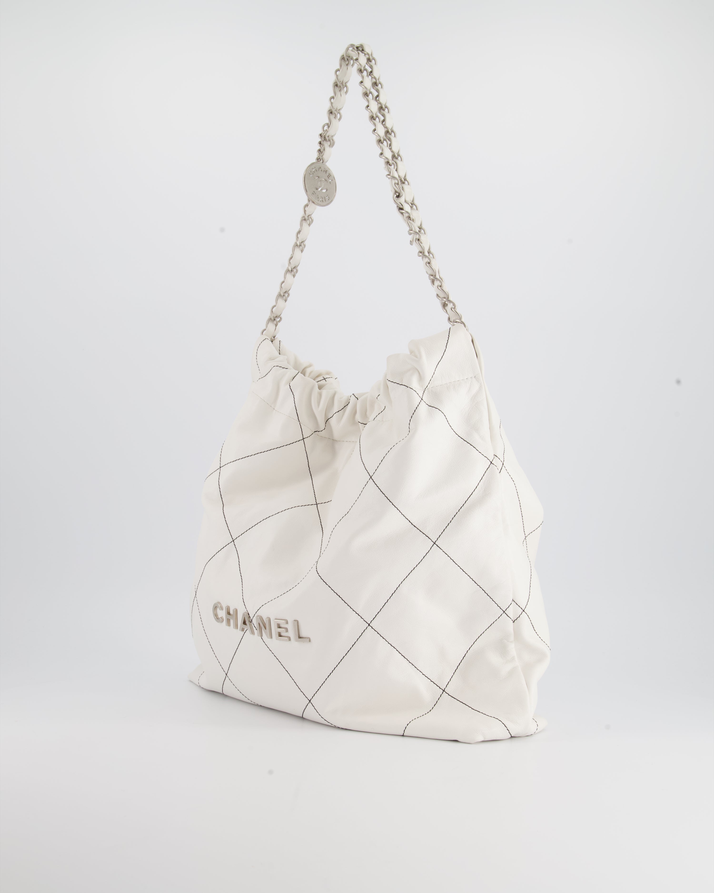Chanel 22 Bag in White Aged Calfskin with Silver Hardware and Contrast Stitch Detail