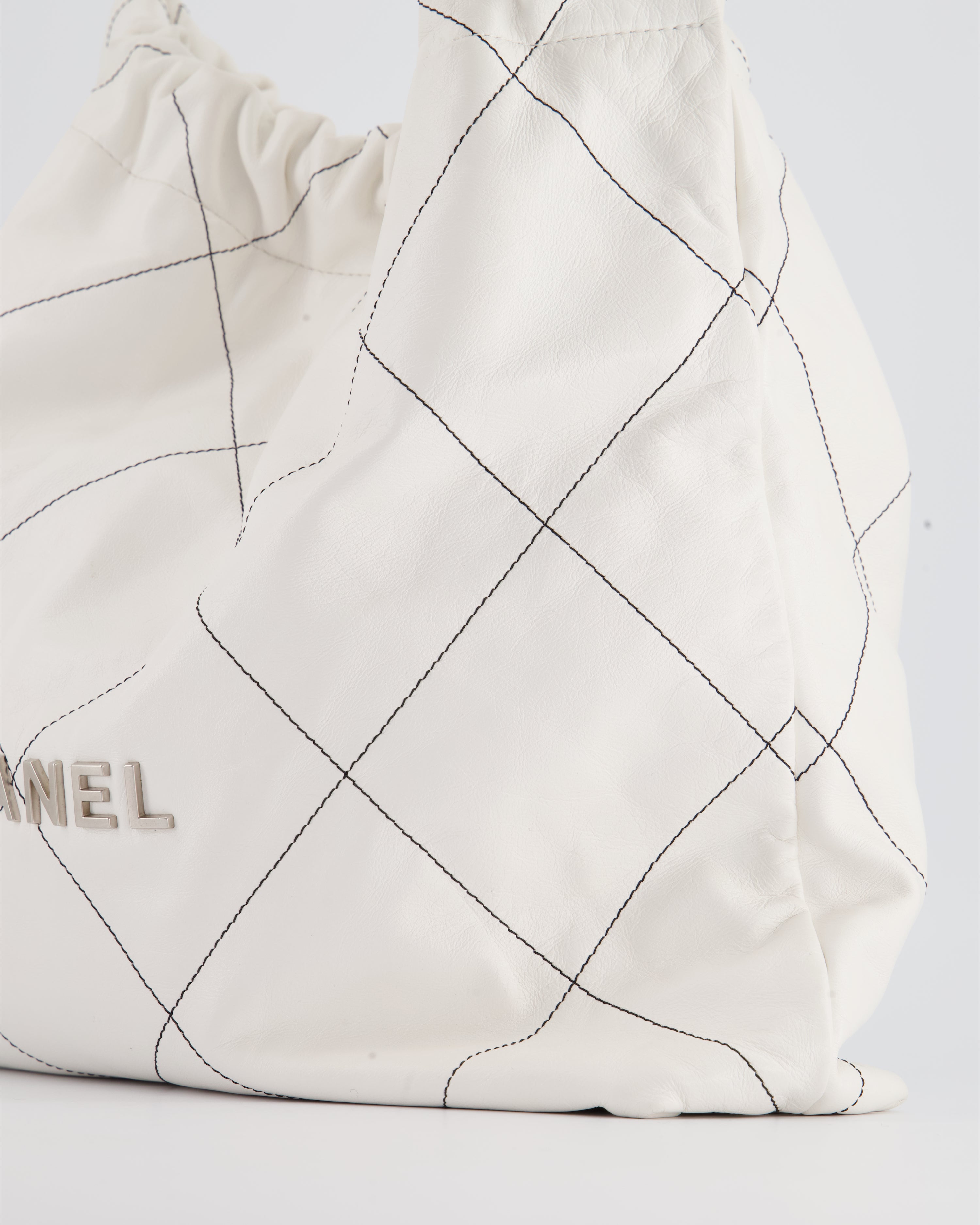 Chanel 22 Bag in White Aged Calfskin with Silver Hardware and Contrast Stitch Detail