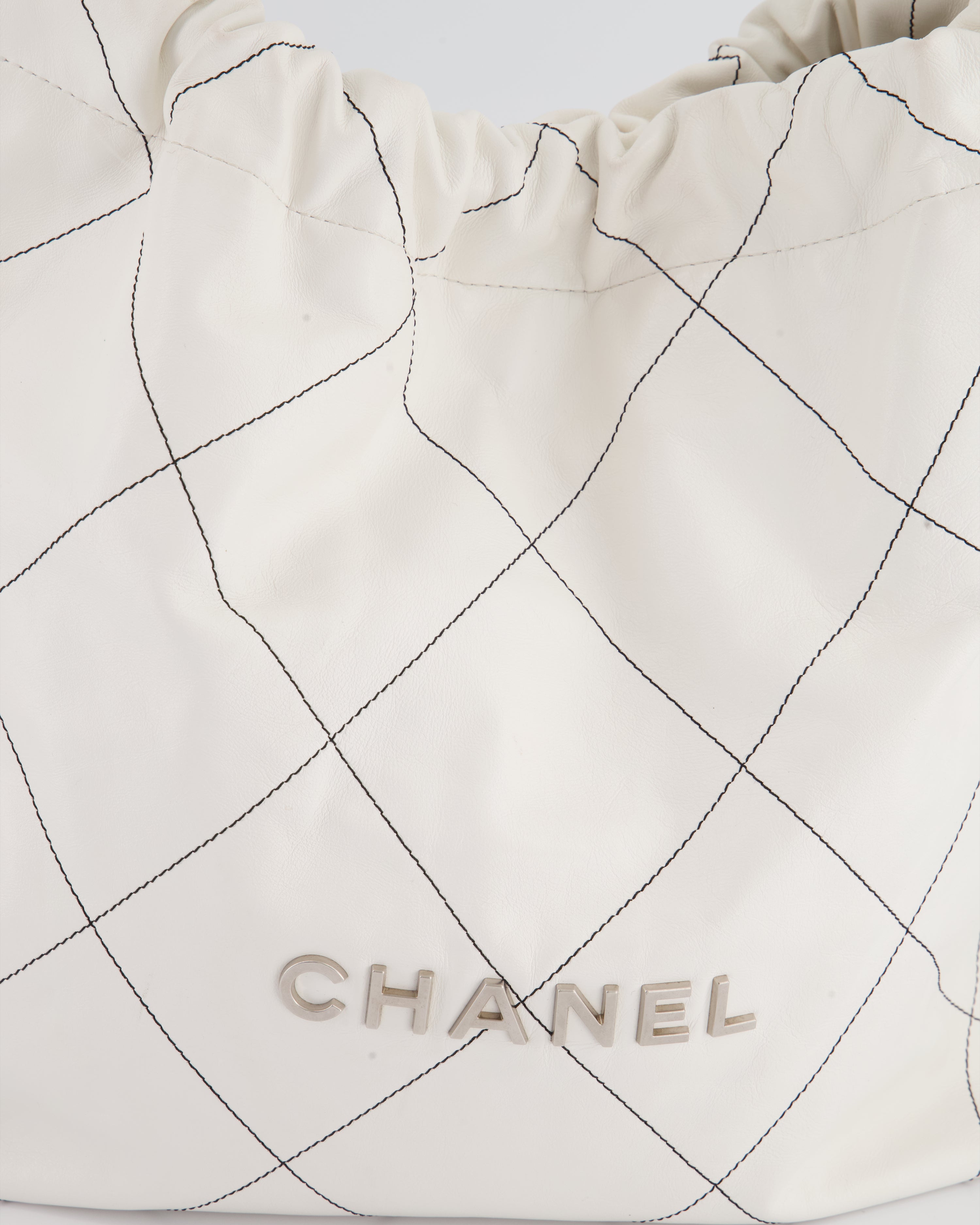 Chanel 22 Bag in White Aged Calfskin with Silver Hardware and Contrast Stitch Detail