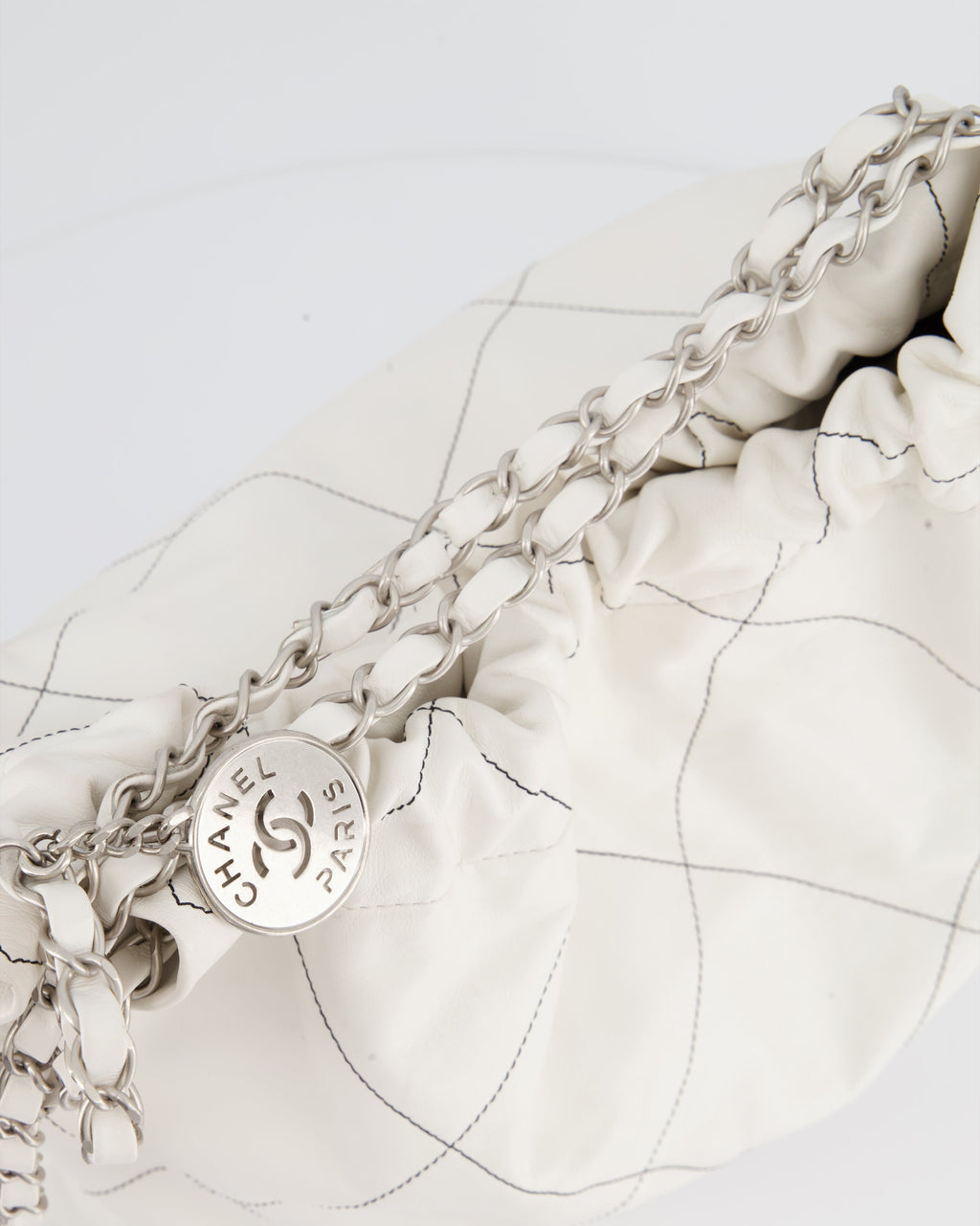 Chanel 22 Bag in White Aged Calfskin with Silver Hardware and Contrast Stitch Detail