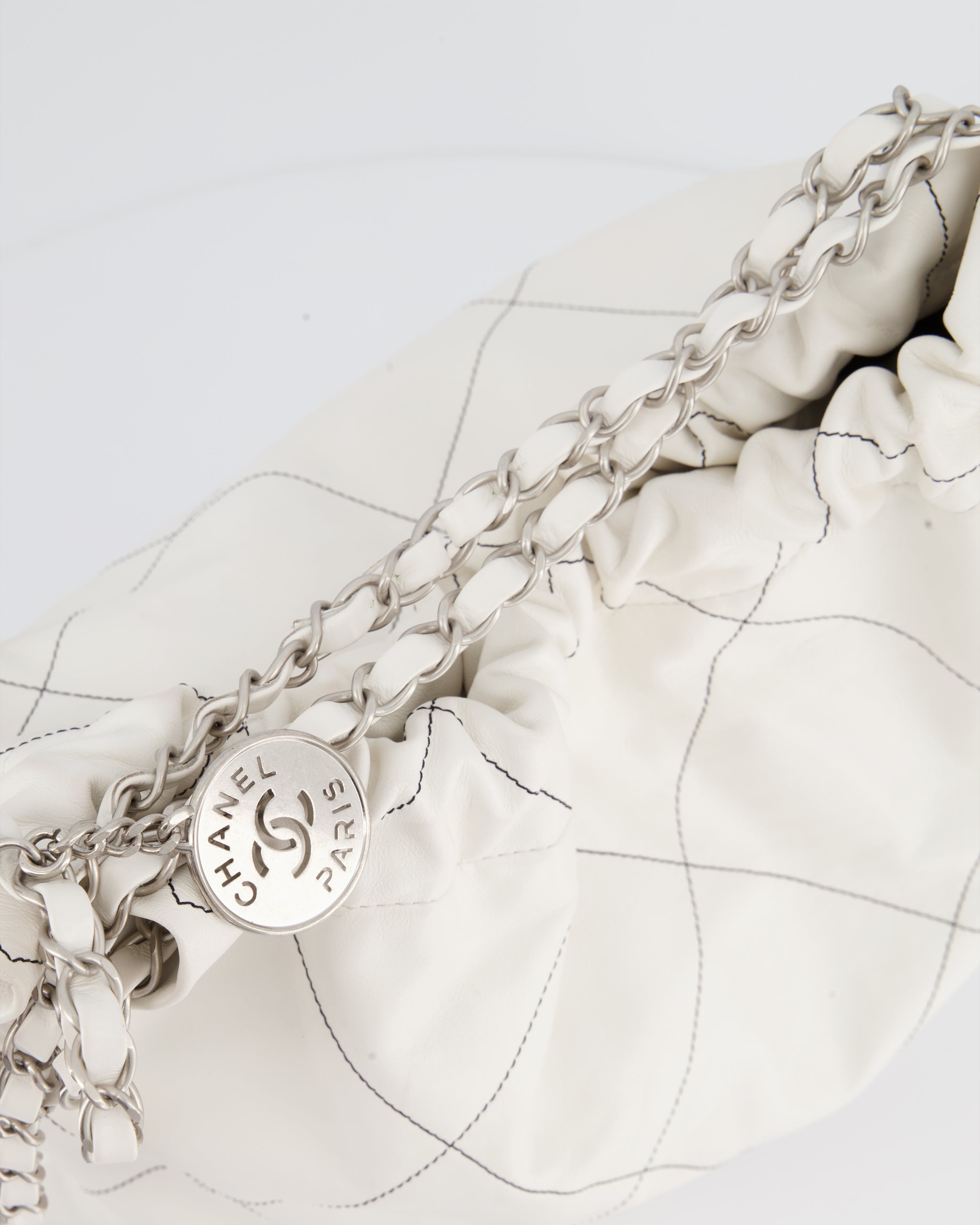 Chanel 22 Bag in White Aged Calfskin with Silver Hardware and Contrast Stitch Detail