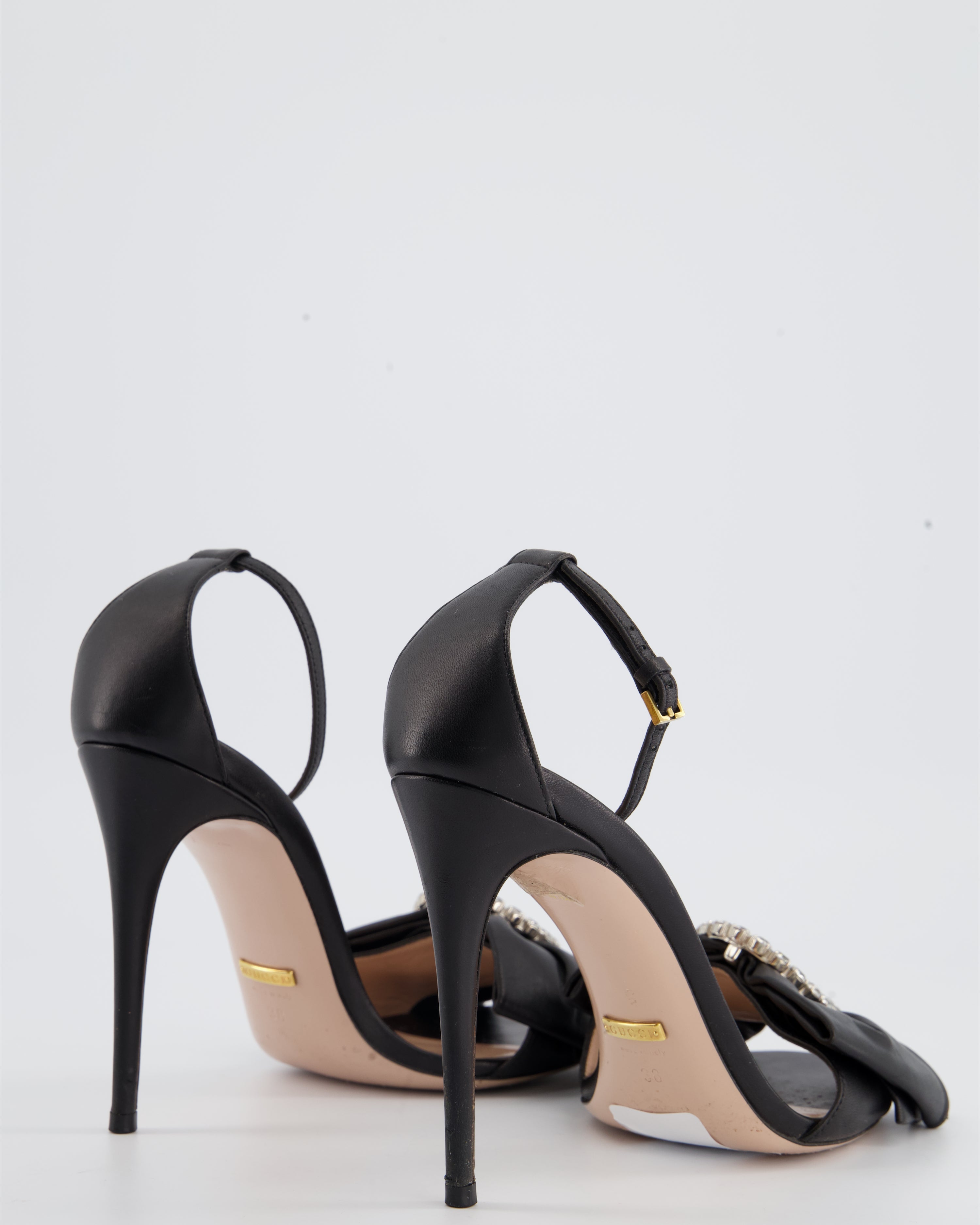 Gucci Black Leather Heels With Bow Crystal Detailing Size EU 38