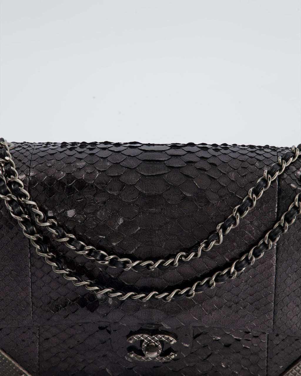 Chanel Metallic Black Python Small Single Flap Bag with Ruthenium Textured Hardware