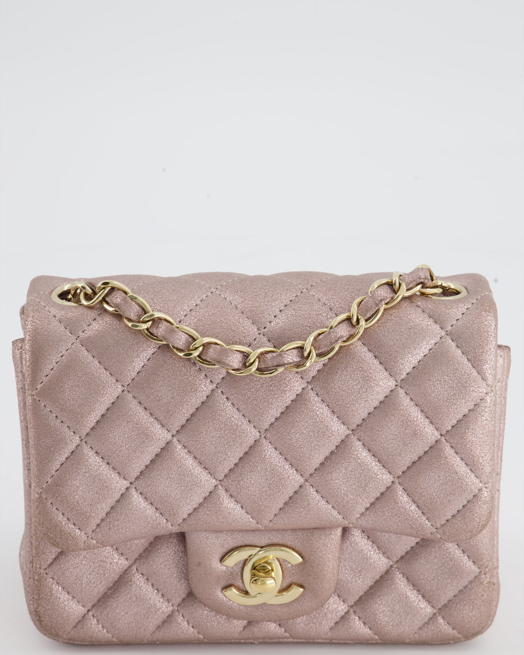 Chanel Metallic Rose Gold Mini Square Flap Bag in Coated Calfskin with Champagne Gold Hardware