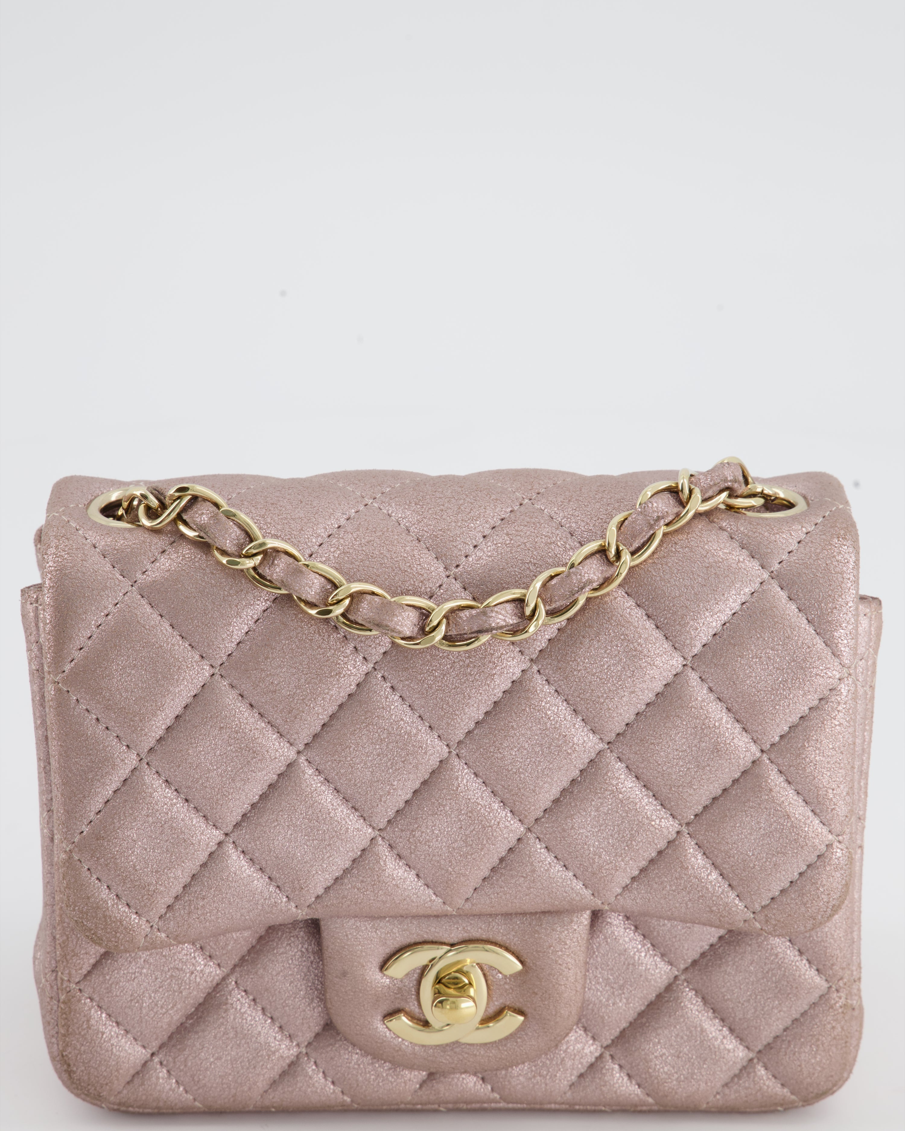Chanel Metallic Rose Gold Mini Square Flap Bag in Coated Calfskin with Champagne Gold Hardware