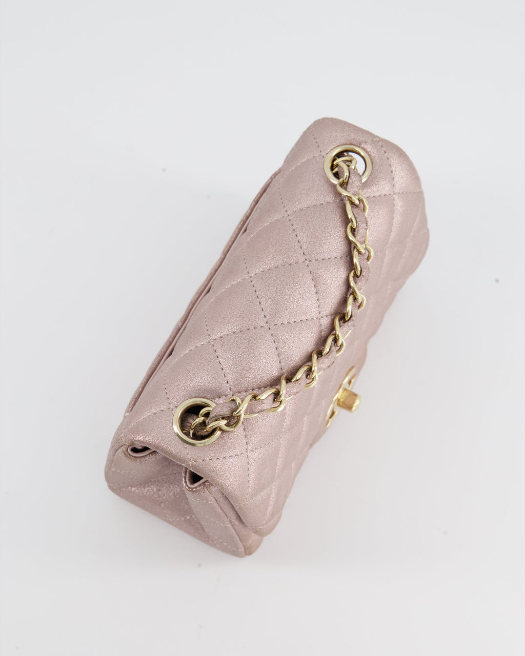 Chanel Metallic Rose Gold Mini Square Flap Bag in Coated Calfskin with Champagne Gold Hardware