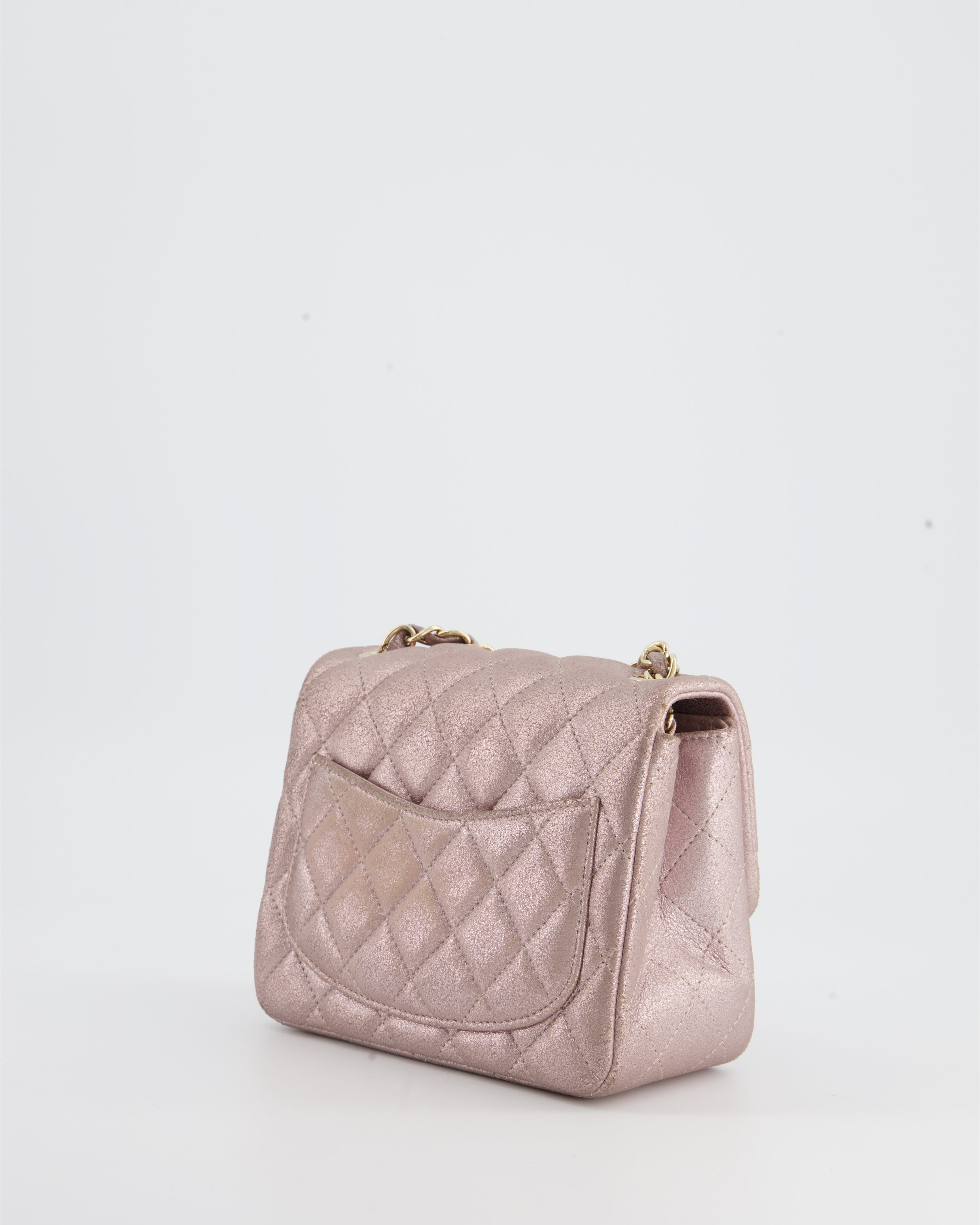 Chanel Metallic Rose Gold Mini Square Flap Bag in Coated Calfskin with Champagne Gold Hardware