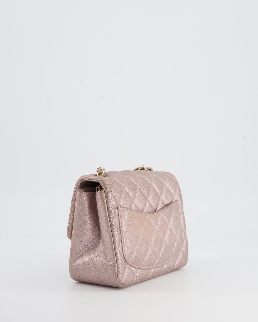 Chanel Metallic Rose Gold Mini Square Flap Bag in Coated Calfskin with Champagne Gold Hardware
