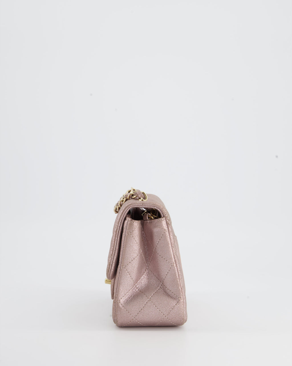 Chanel Metallic Rose Gold Mini Square Flap Bag in Coated Calfskin with Champagne Gold Hardware
