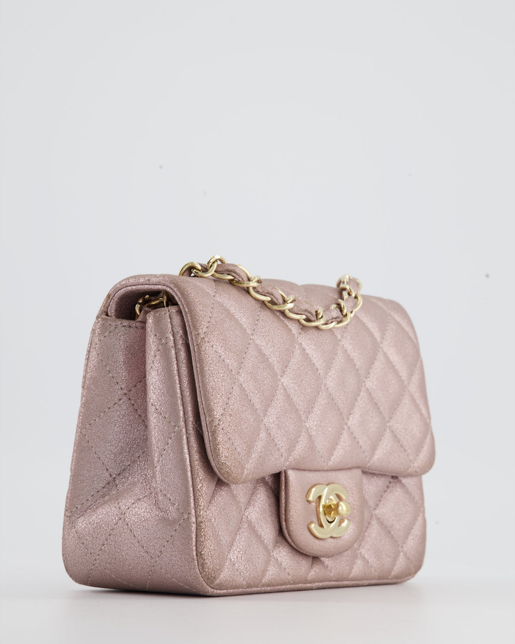 Chanel Metallic Rose Gold Mini Square Flap Bag in Coated Calfskin with Champagne Gold Hardware