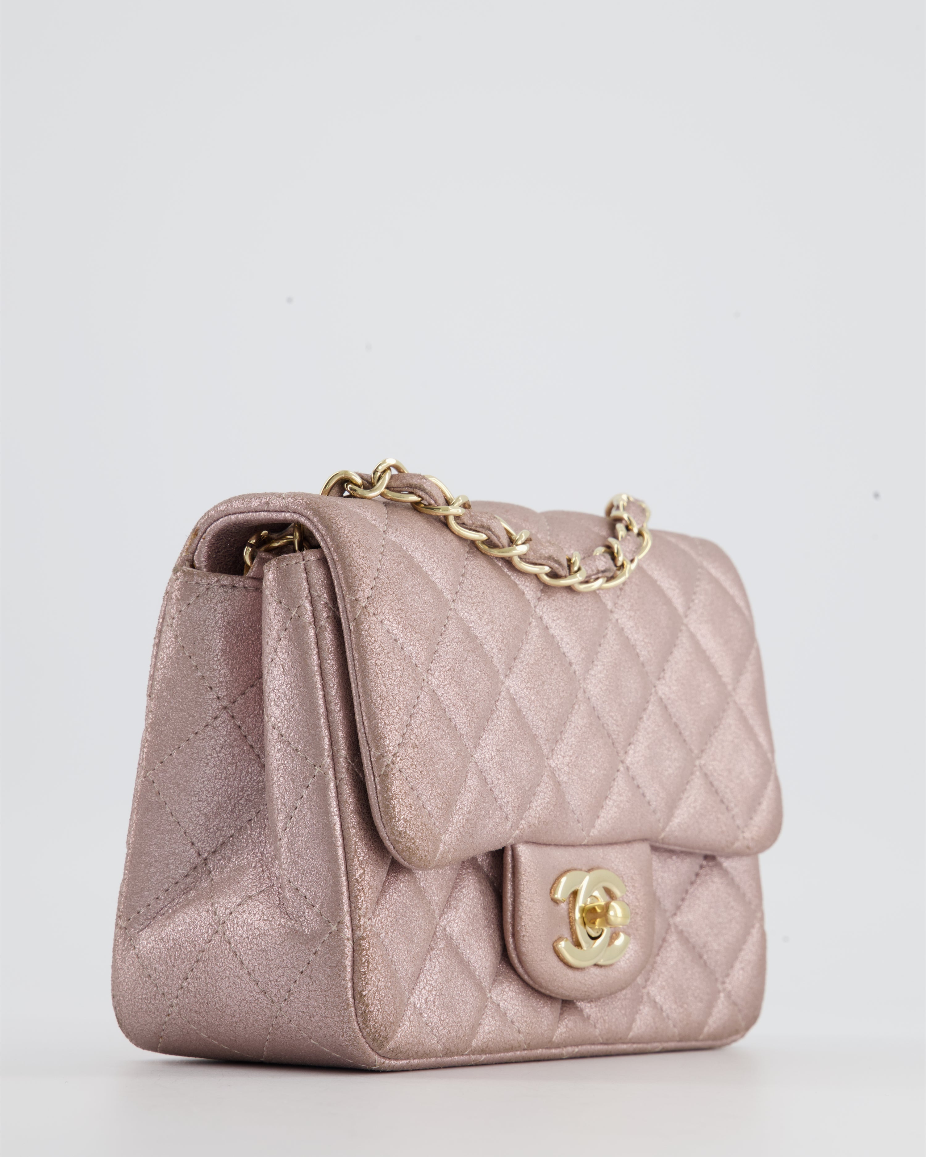 Chanel Metallic Rose Gold Mini Square Flap Bag in Coated Calfskin with Champagne Gold Hardware