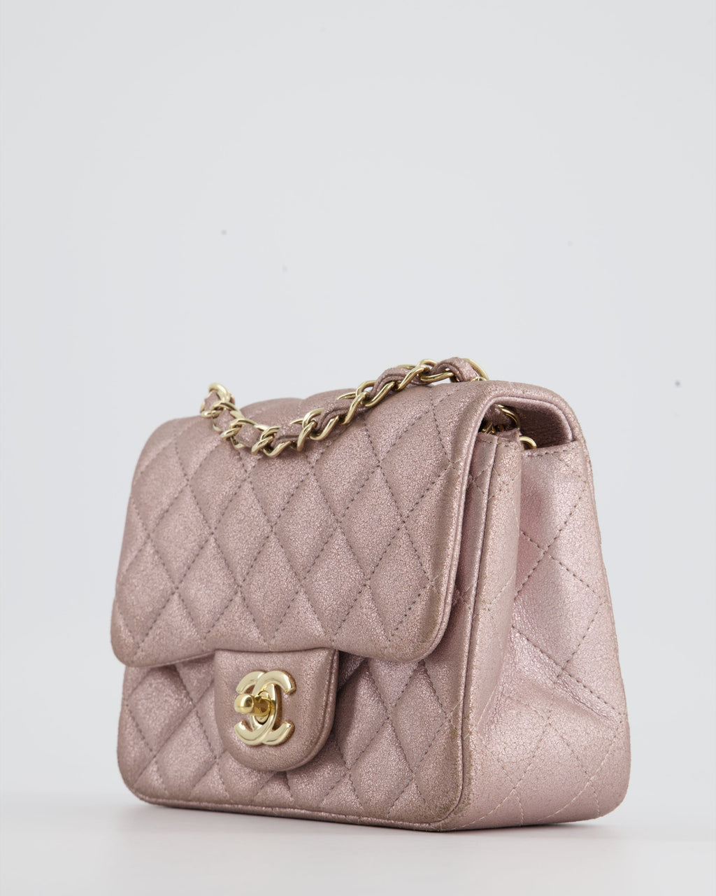 Chanel Metallic Rose Gold Mini Square Flap Bag in Coated Calfskin with Champagne Gold Hardware