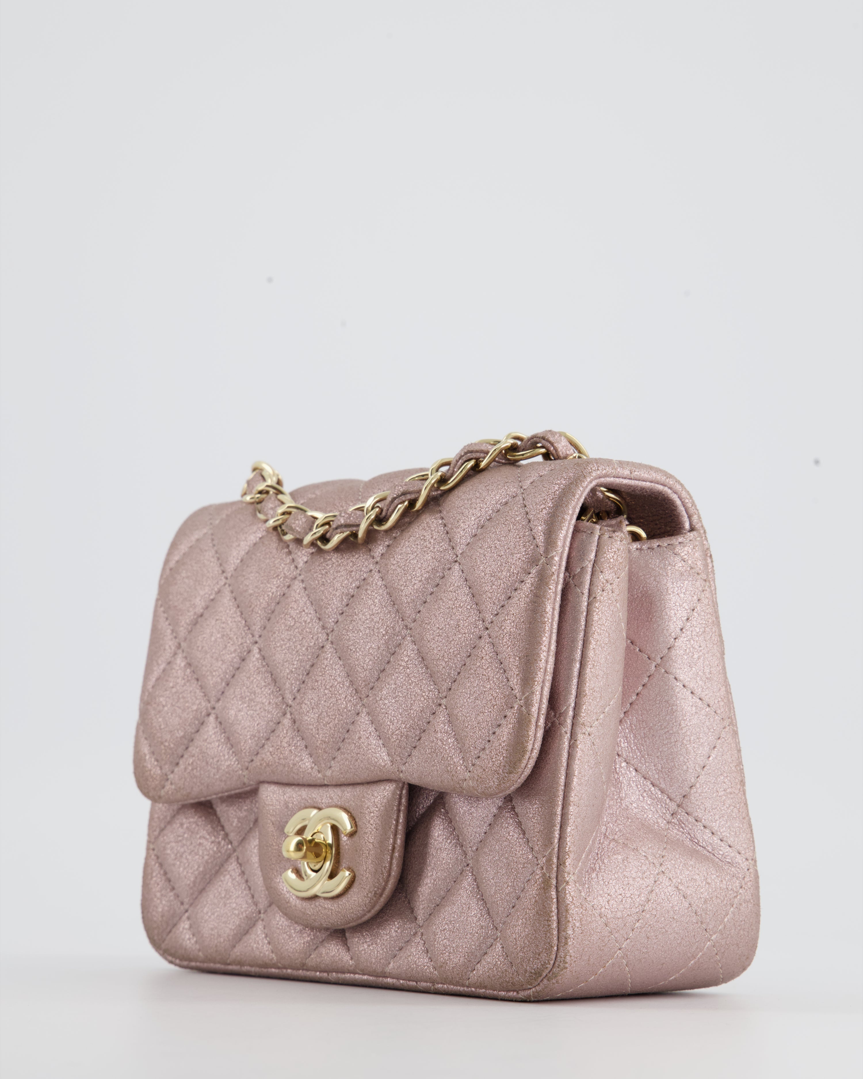 Chanel Metallic Rose Gold Mini Square Flap Bag in Coated Calfskin with Champagne Gold Hardware