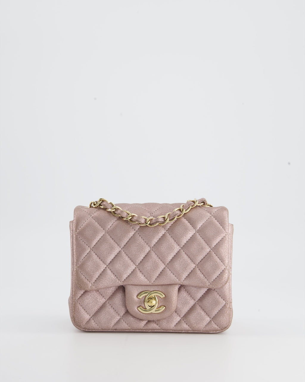 Chanel Metallic Rose Gold Mini Square Flap Bag in Coated Calfskin with Champagne Gold Hardware