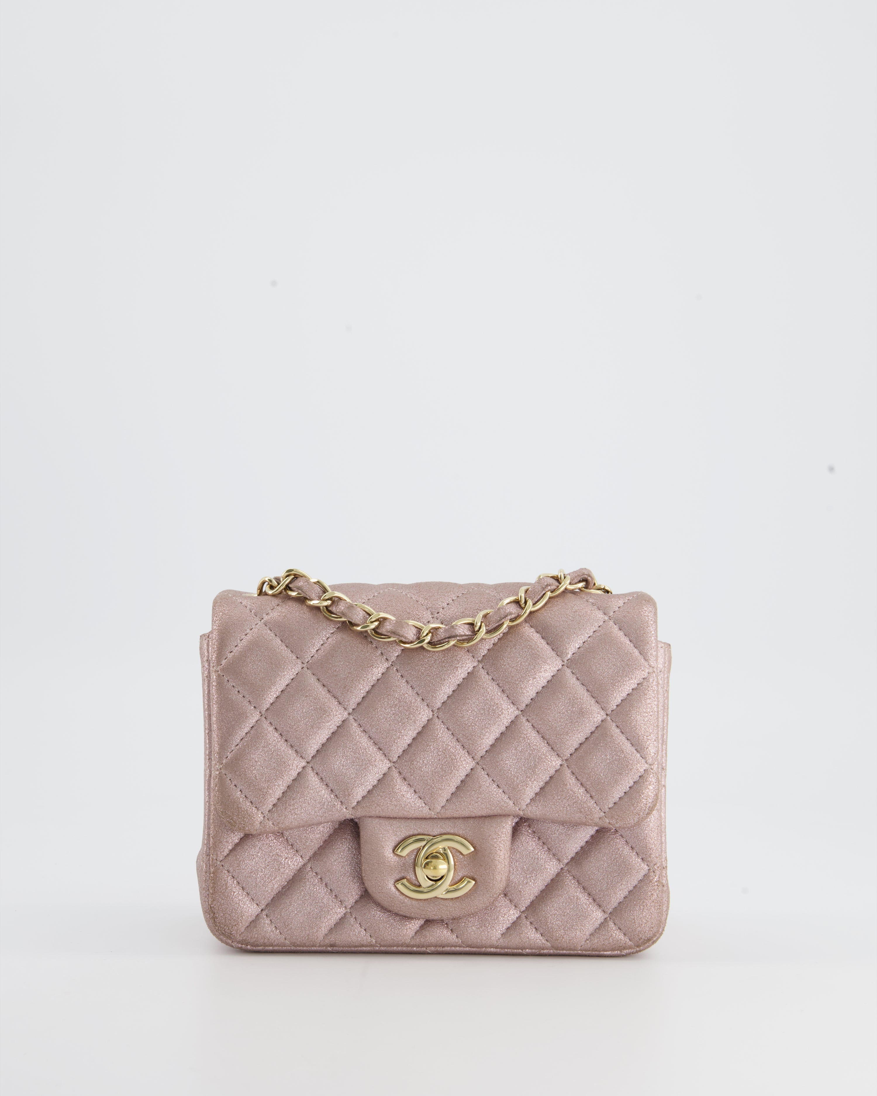 Chanel Metallic Rose Gold Mini Square Flap Bag in Coated Calfskin with Champagne Gold Hardware