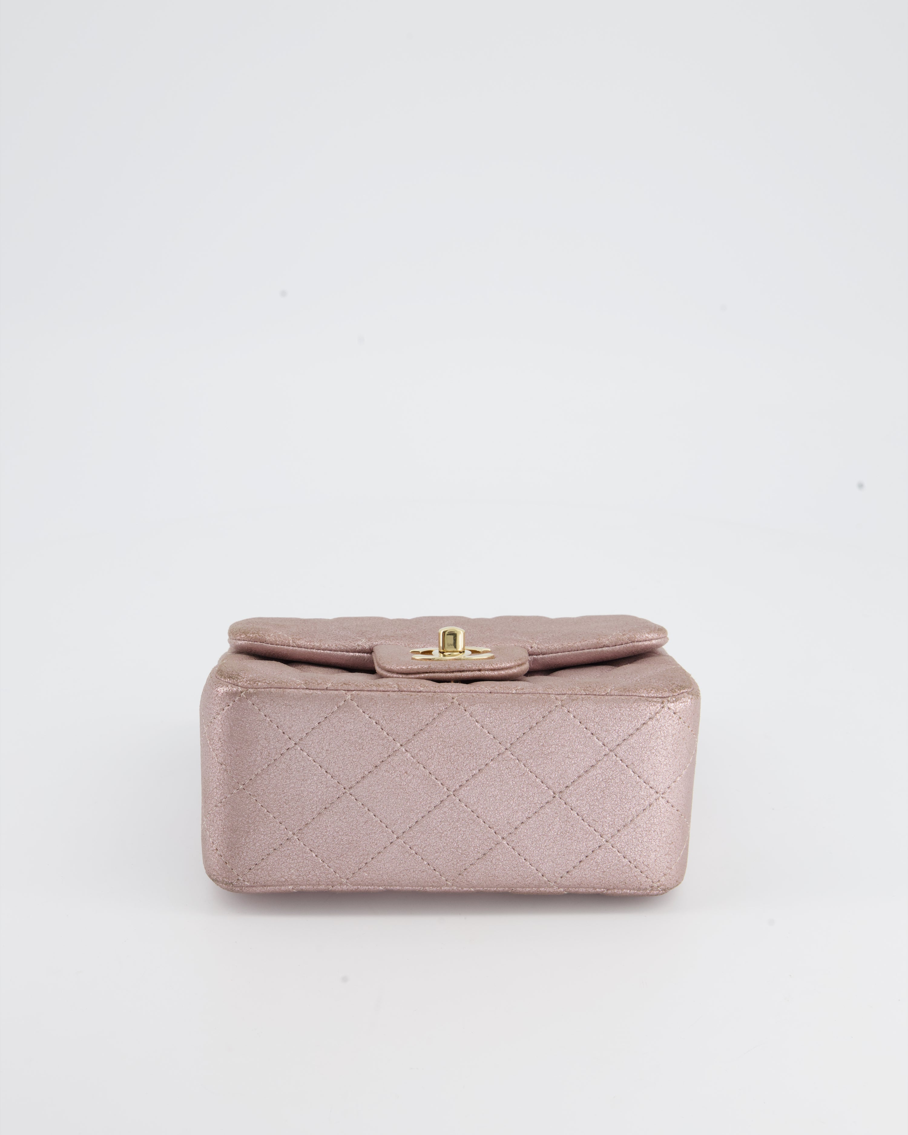 Chanel Metallic Rose Gold Mini Square Flap Bag in Coated Calfskin with Champagne Gold Hardware
