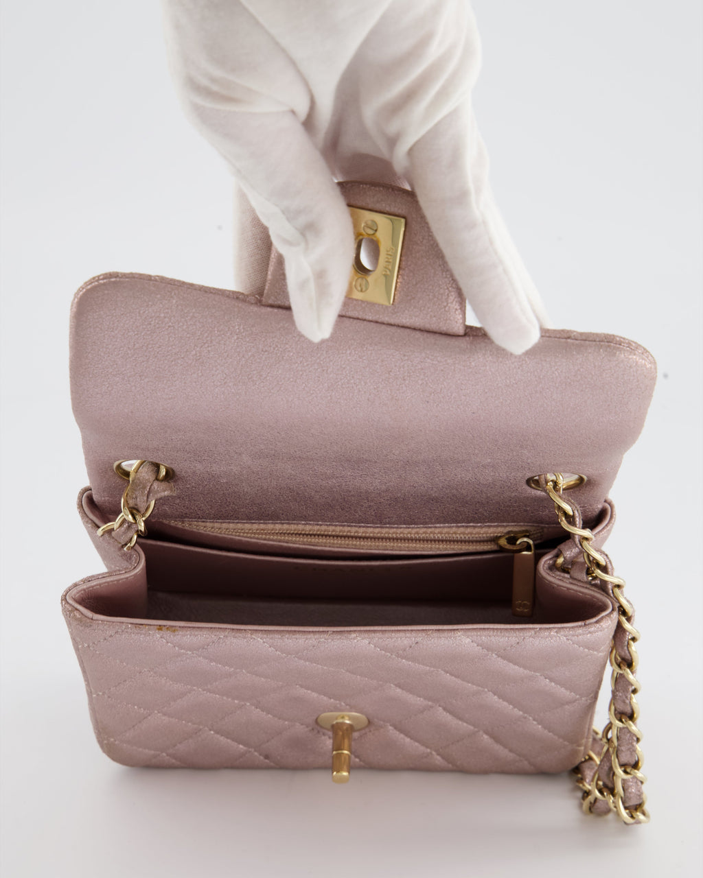 Chanel Metallic Rose Gold Mini Square Flap Bag in Coated Calfskin with Champagne Gold Hardware