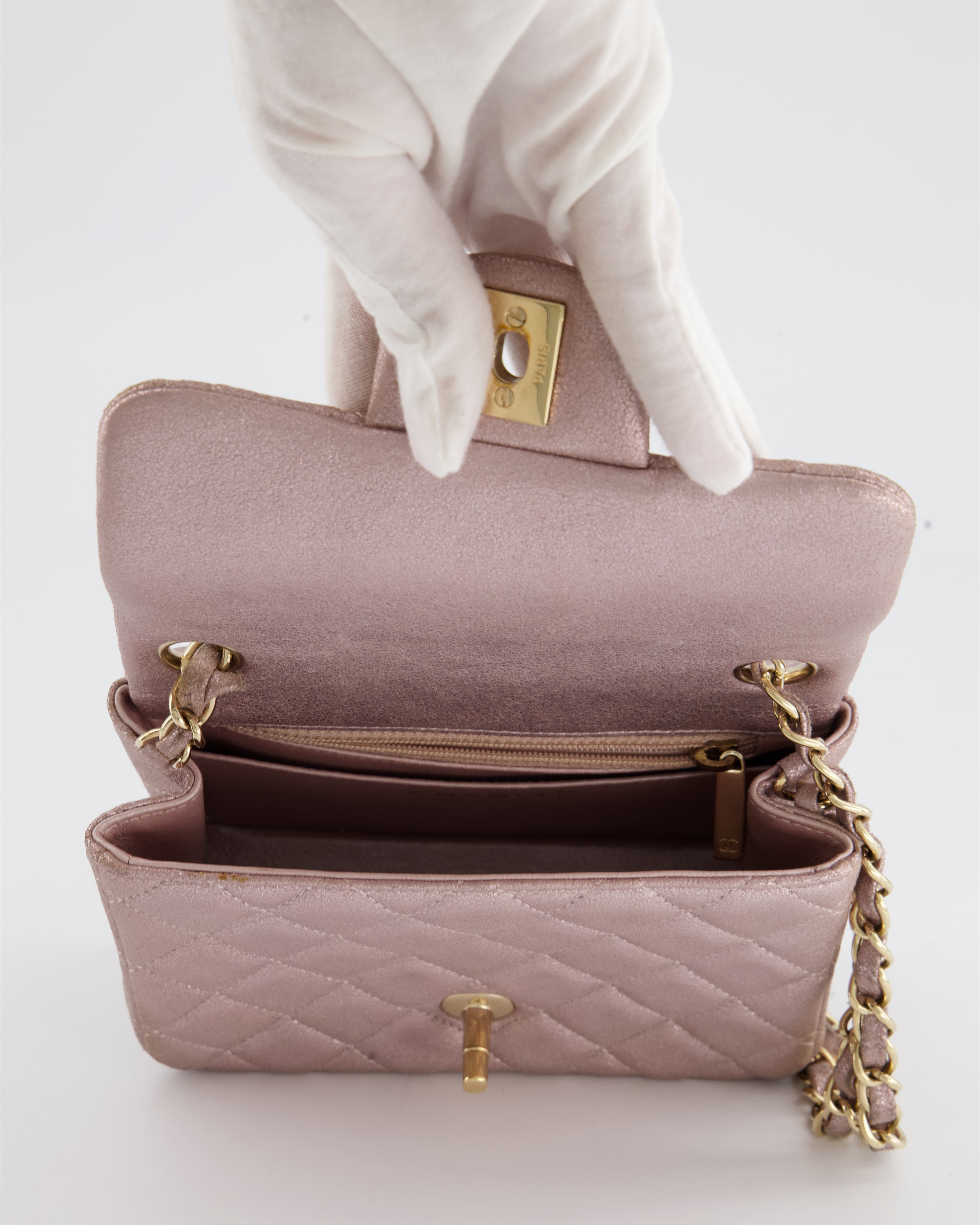 Chanel Metallic Rose Gold Mini Square Flap Bag in Coated Calfskin with Champagne Gold Hardware