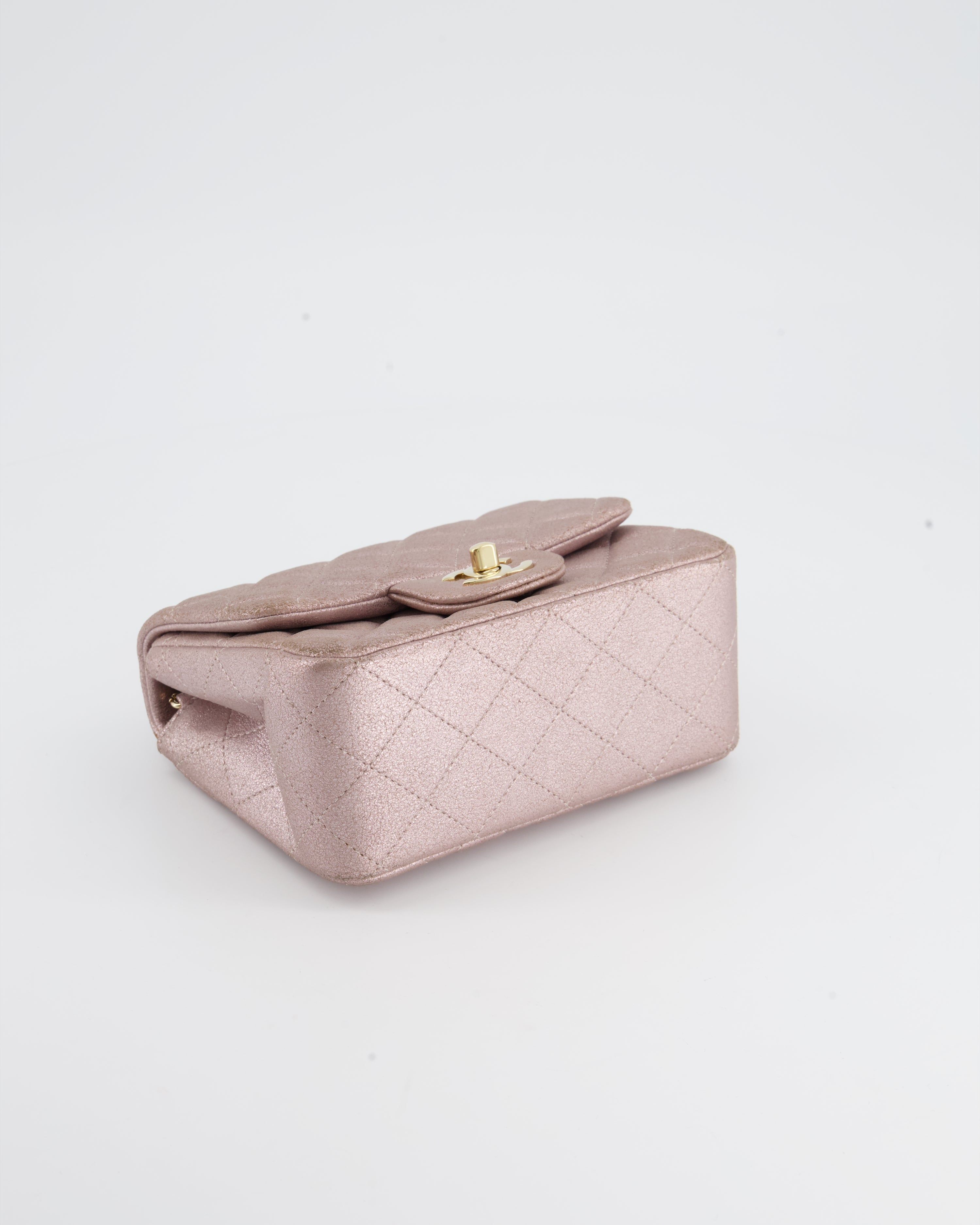 Chanel Metallic Rose Gold Mini Square Flap Bag in Coated Calfskin with Champagne Gold Hardware