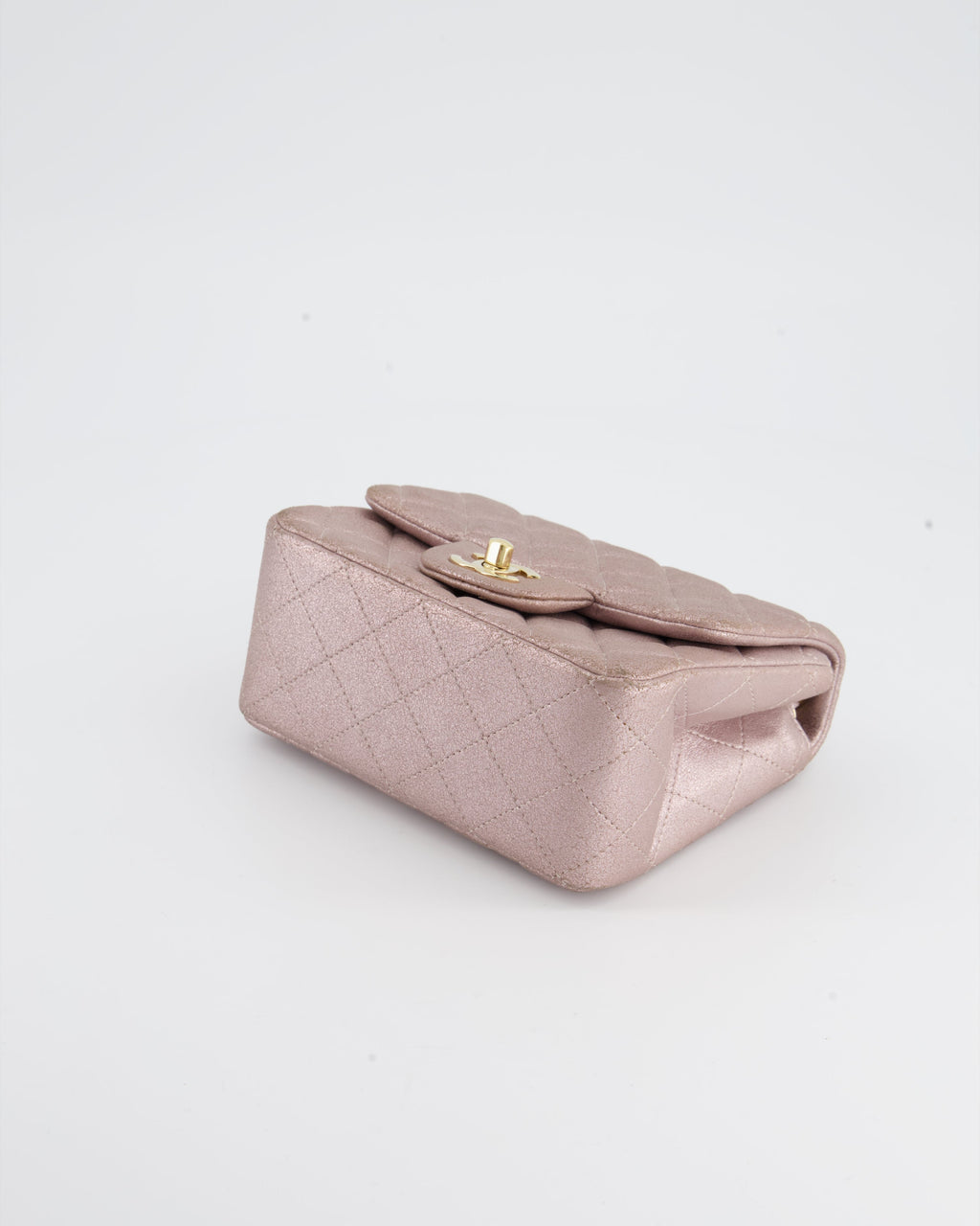 Chanel Metallic Rose Gold Mini Square Flap Bag in Coated Calfskin with Champagne Gold Hardware