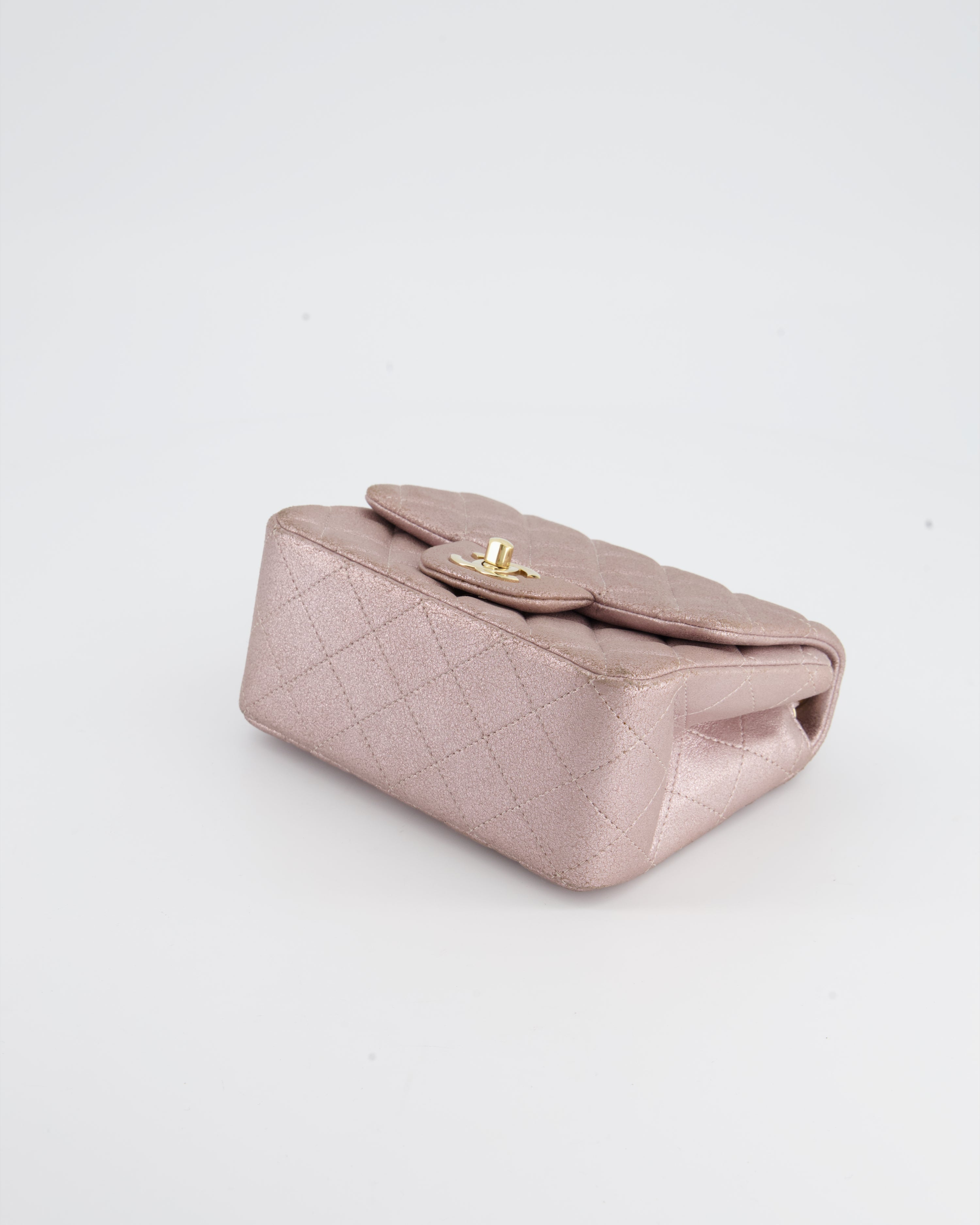 Chanel Metallic Rose Gold Mini Square Flap Bag in Coated Calfskin with Champagne Gold Hardware