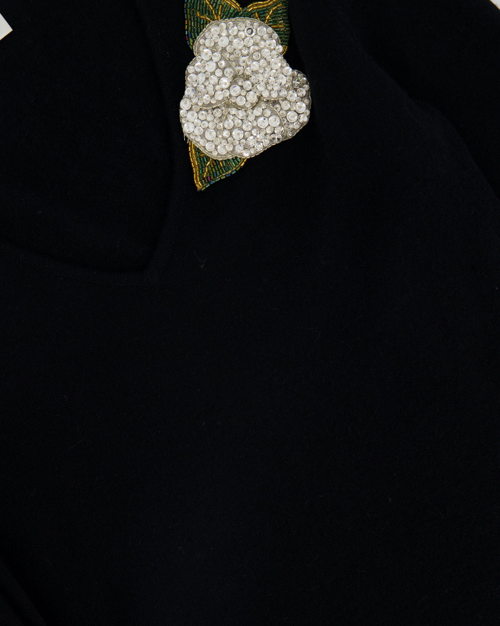 Chanel Black Cashmere V-Neck Jumper with Embellished Flowers FR 38 (UK 10)