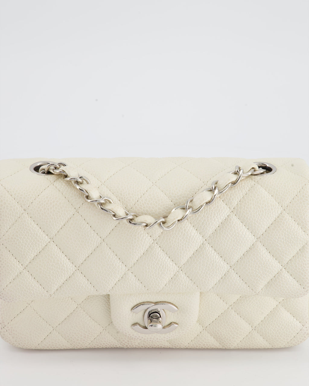 Chanel White Pearlescent Caviar Mini Rectangular Single Flap Bag with Silver Hardware