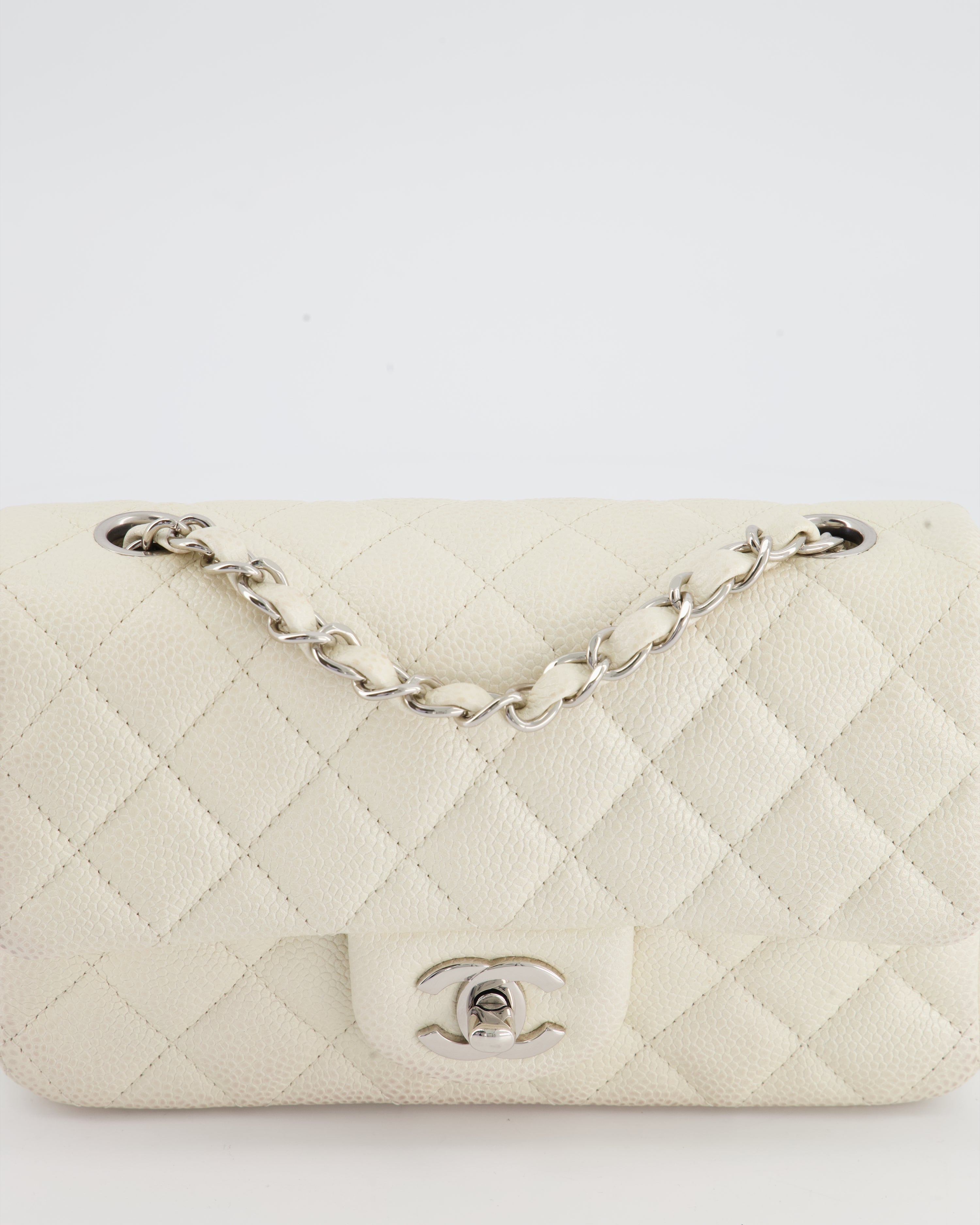 Chanel White Pearlescent Caviar Mini Rectangular Single Flap Bag with Silver Hardware