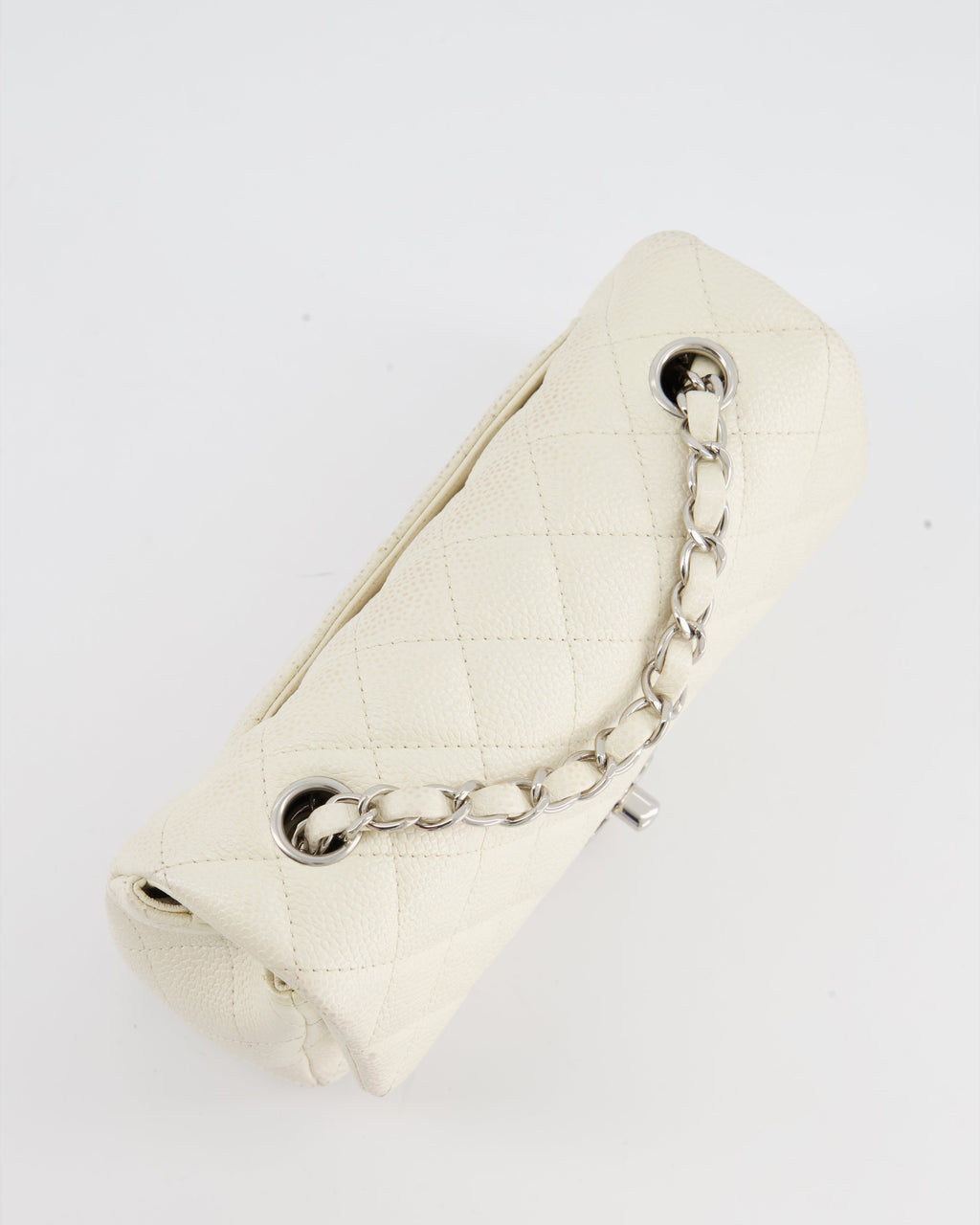 Chanel White Pearlescent Caviar Mini Rectangular Single Flap Bag with Silver Hardware