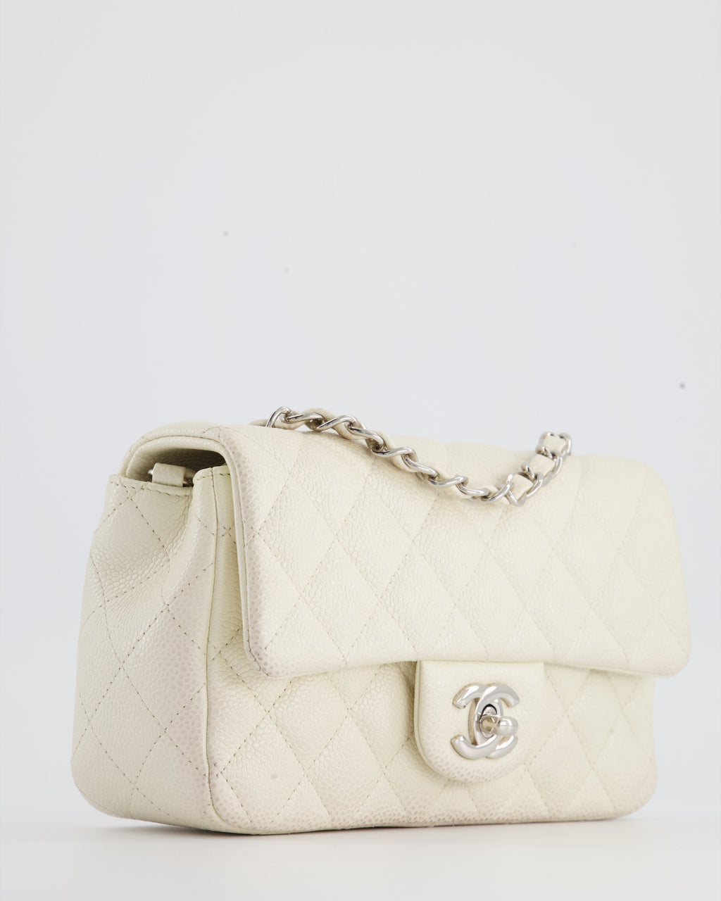 Chanel White Pearlescent Caviar Mini Rectangular Single Flap Bag with Silver Hardware