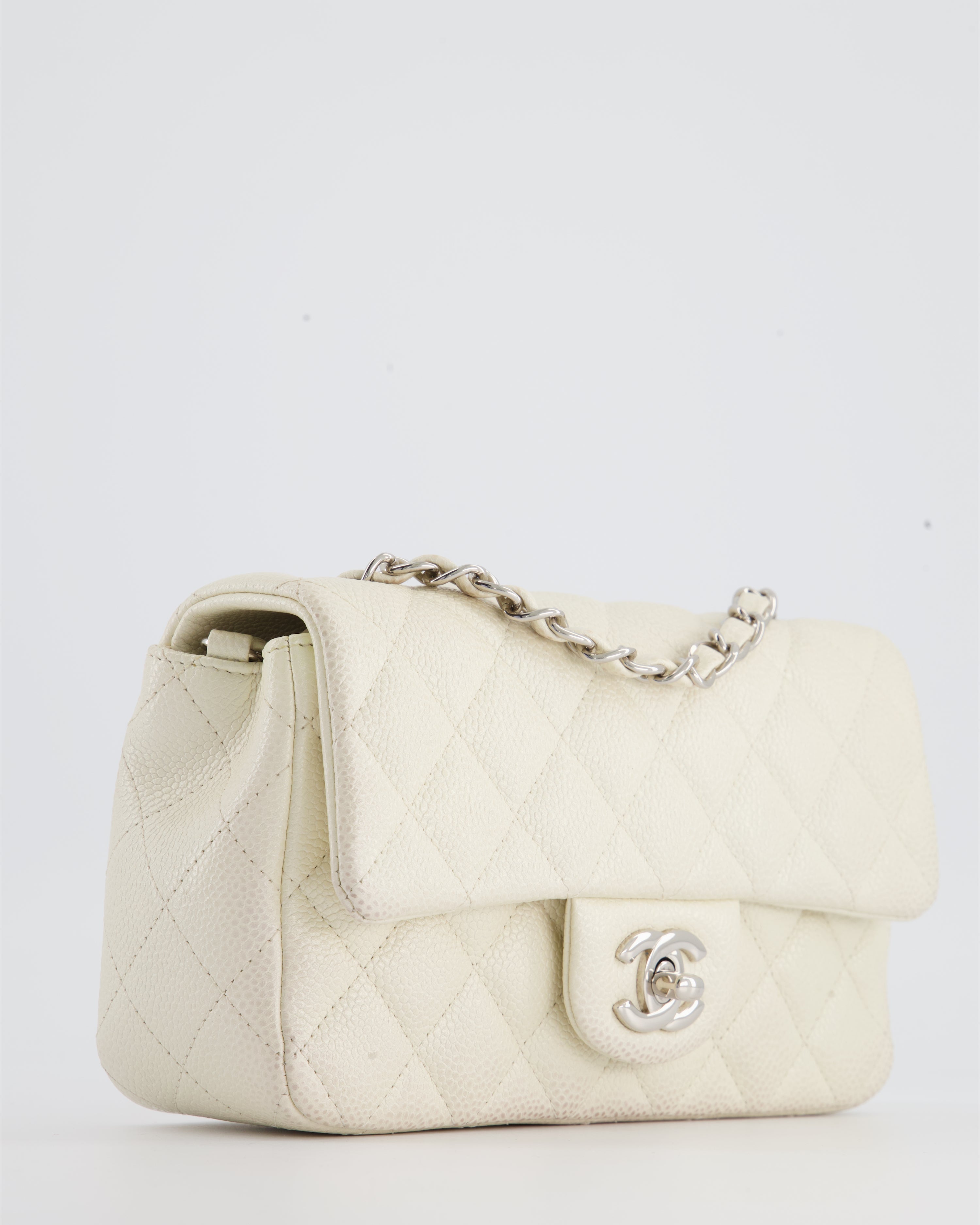 Chanel White Pearlescent Caviar Mini Rectangular Single Flap Bag with Silver Hardware