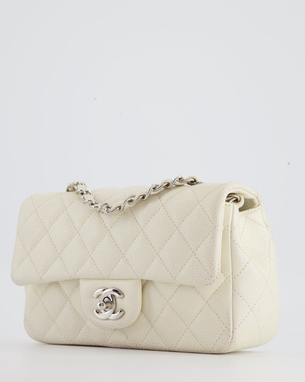 Chanel White Pearlescent Caviar Mini Rectangular Single Flap Bag with Silver Hardware