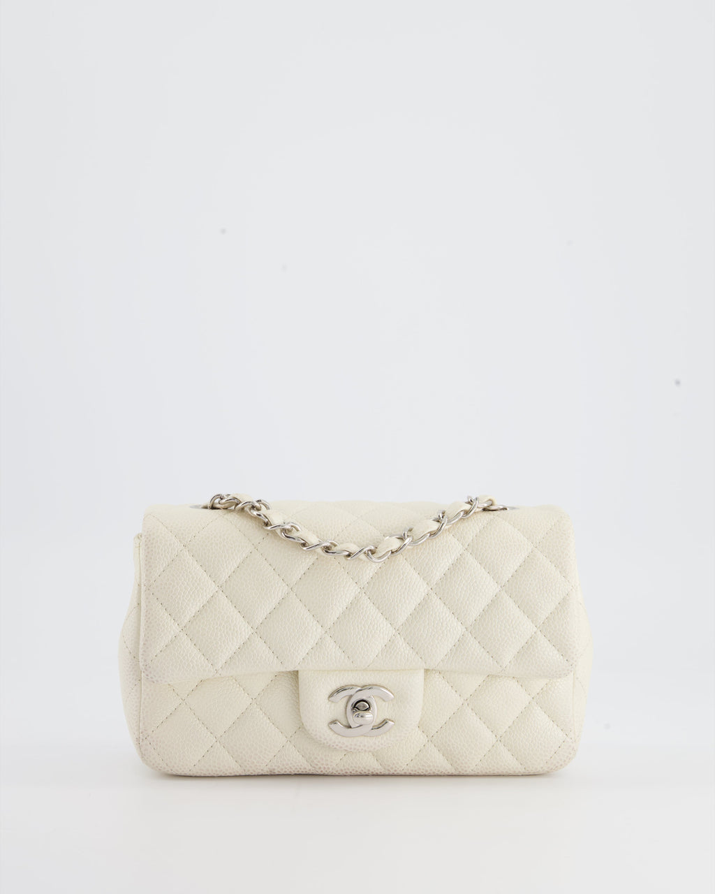 Chanel White Pearlescent Caviar Mini Rectangular Single Flap Bag with Silver Hardware